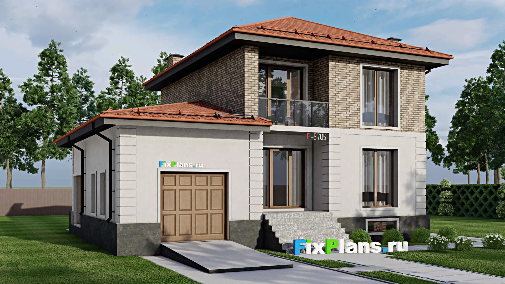 F-5705 - Проект двухэтажного дома 11 на 13, площадью 210 м² с террасой, балконом, цокольным этажом, гаражом на 1 машину и 4 спальнями