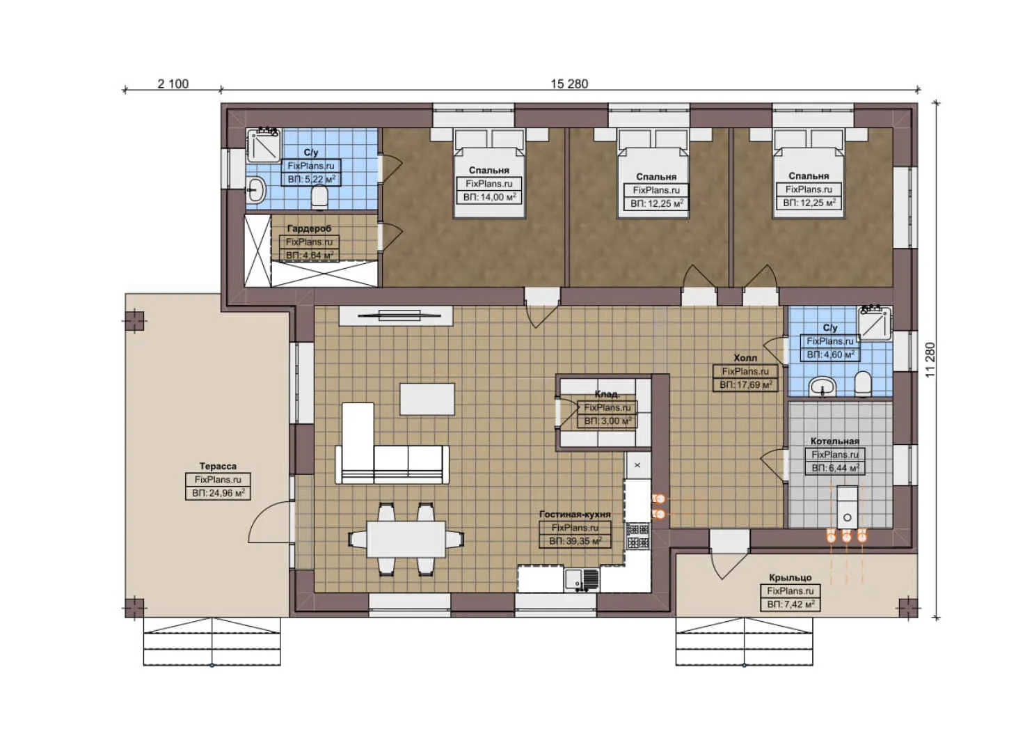 F-5453 - План одноэтажного дома 12 на 16, площадью 160 м² с террасой и 3 спальнями