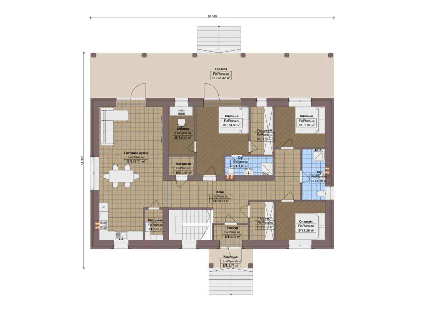 F-13868 - План одноэтажного дома 15 на 17, площадью 290 м² с террасой, цокольным этажом и 3 спальнями