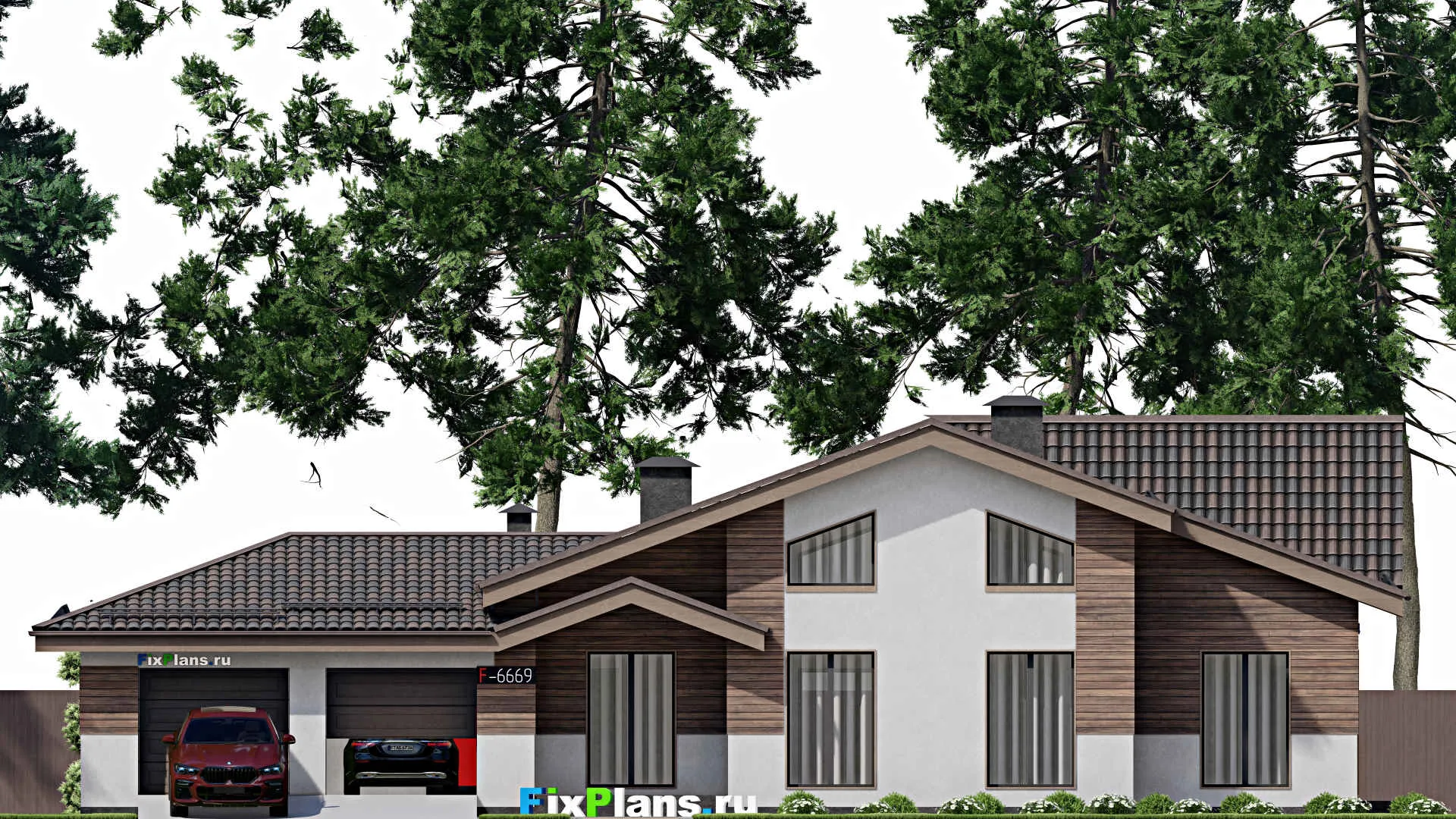 F-6659 - План одноэтажного дома 12 на 22, площадью 190 м² с террасой, гаражом на 2 машины и 3 спальнями