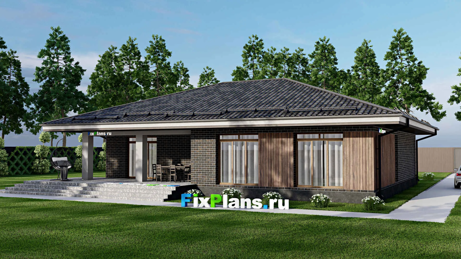 F-5021 - Проект одноэтажного дома 14 на 16, площадью 170 м² с террасой и 3 спальнями