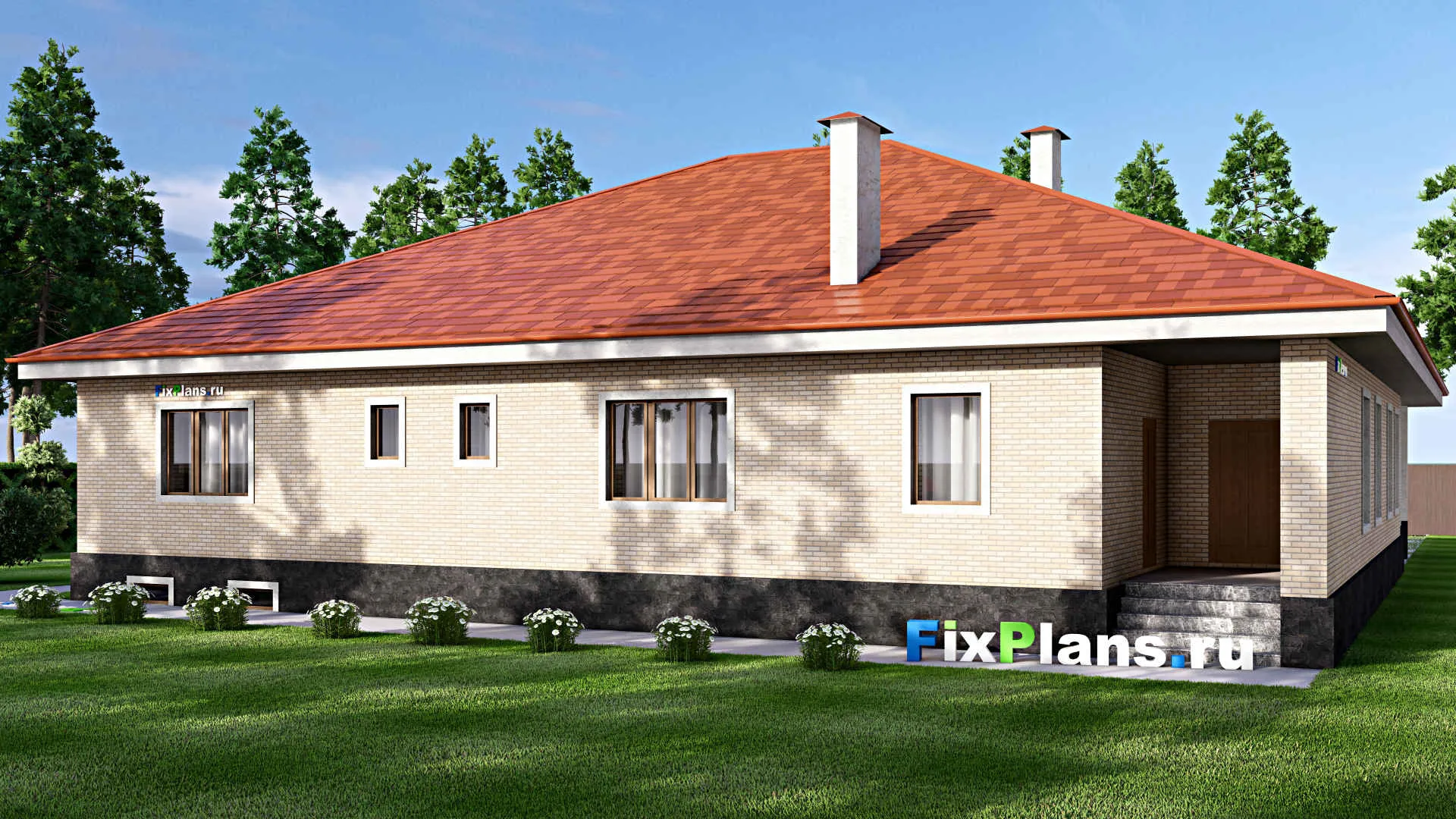 F-13940 - План одноэтажного дома 19 на 21, площадью 380 м² с террасой, цокольным этажом и 3 спальнями