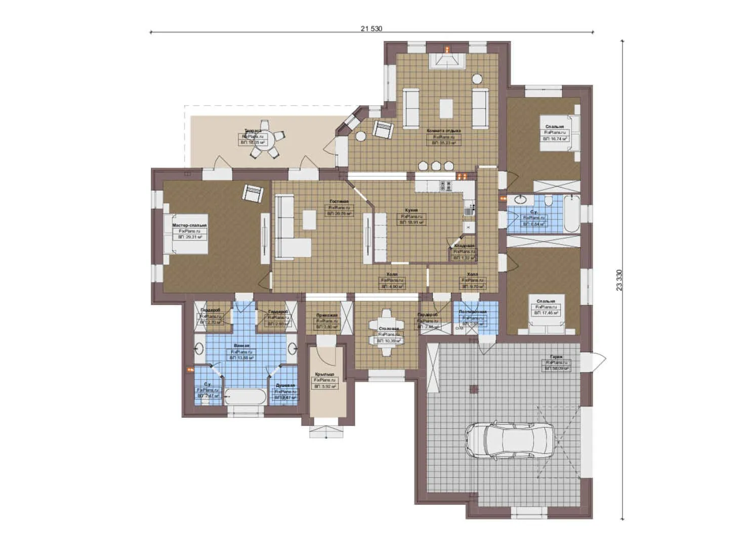 F-19934 - План одноэтажного дома 22 на 24, площадью 300 м² с террасой, гаражом на 2 машины и 3 спальнями