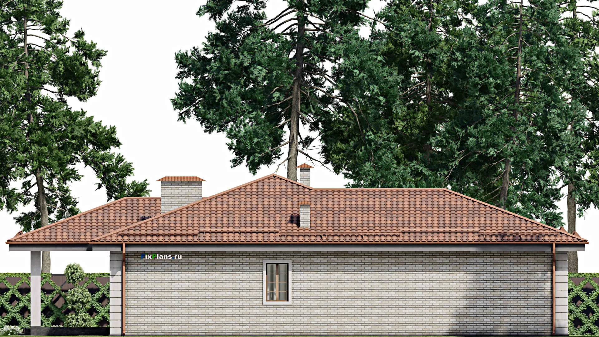 F-9863 - Проект одноэтажного дома 19 на 21, площадью 270 м² с террасой, цокольным этажом, баней, гаражом на 2 машины и 3 спальнями