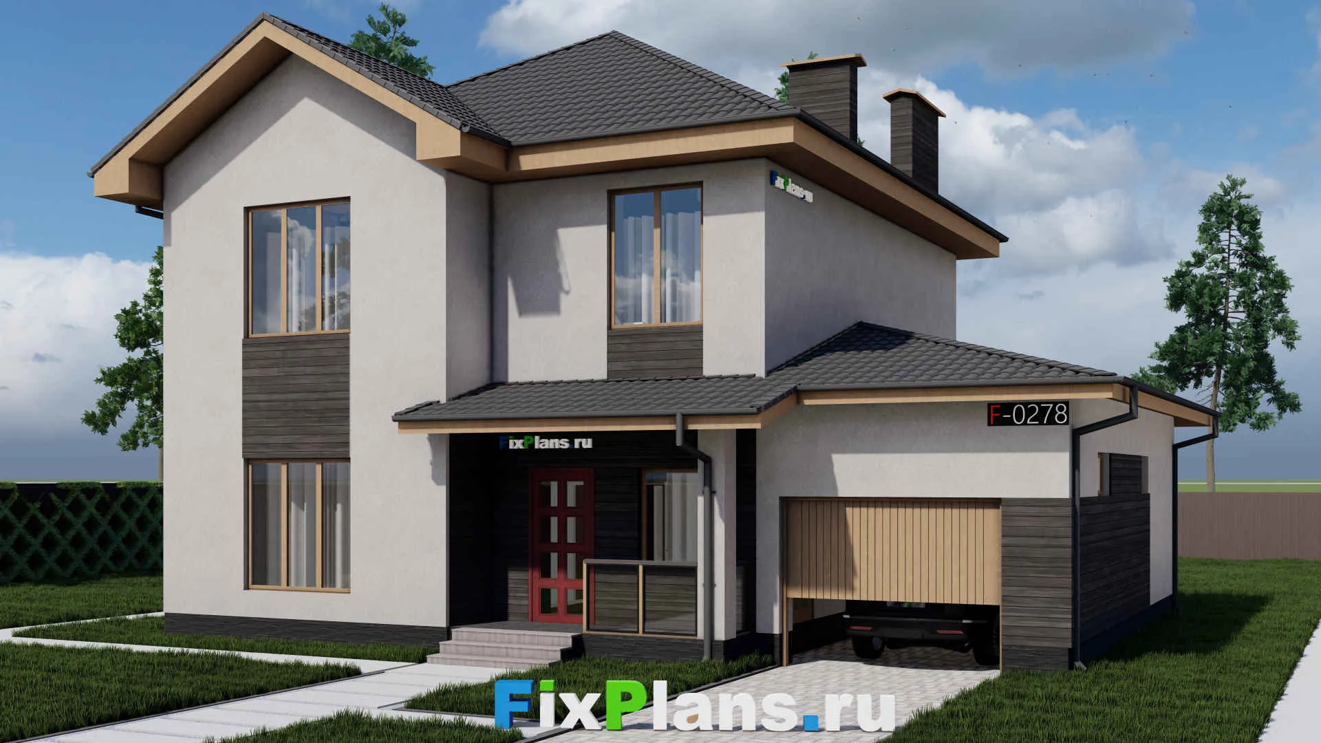 F-0278i - Проект двухэтажного дома 12 на 15, площадью 220 м² с террасой, гаражом на 1 машину и 3 спальнями