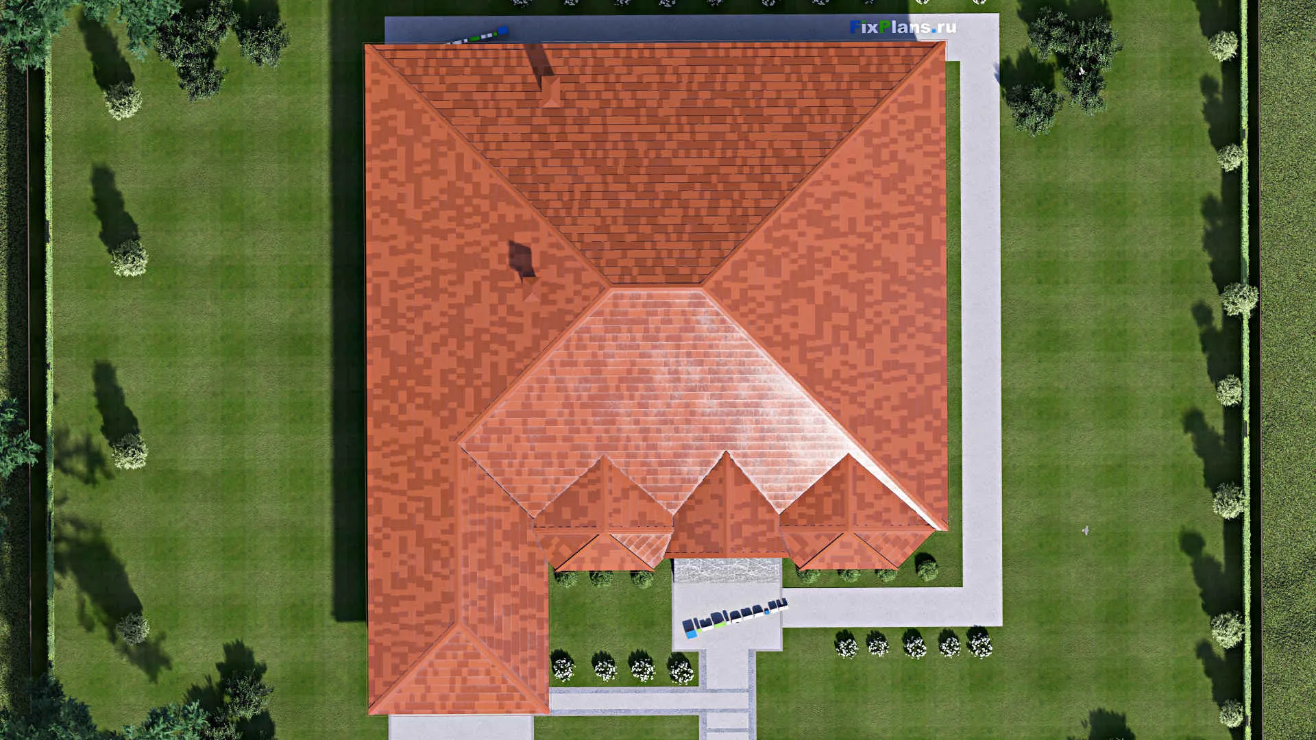 F-13940 - План одноэтажного дома 19 на 21, площадью 380 м² с террасой, цокольным этажом и 3 спальнями