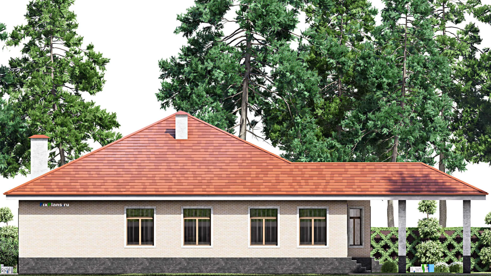 F-13940 - План одноэтажного дома 19 на 21, площадью 380 м² с террасой, цокольным этажом и 3 спальнями