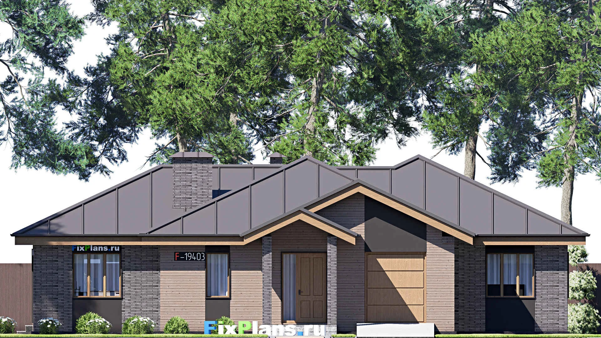 F-19403 - Проект одноэтажного дома 18 на 19, площадью 230 м² с террасой, гаражом на 1 машину и 4 спальнями