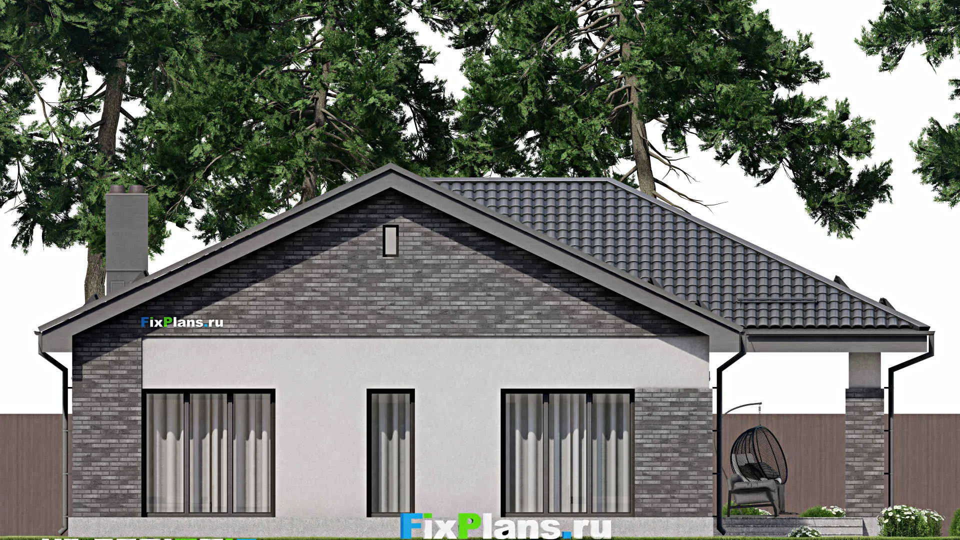 F-1997 - Проект одноэтажного дома 12 на 23, площадью 230 м² с террасой, гаражом на 2 машины и 3 спальнями