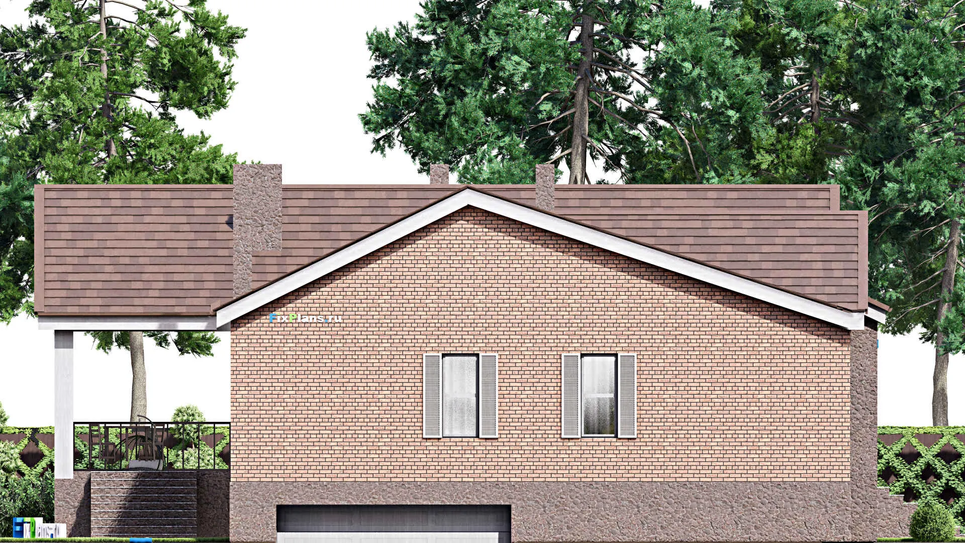 F-16892 - Проект одноэтажного дома 18 на 22, площадью 460 м² с террасой, цокольным этажом, гаражом на 2 машины и 4 спальнями