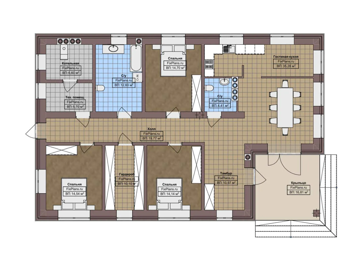 F-3131 - План одноэтажного дома 12 на 18, площадью 170 м² с 3 спальнями