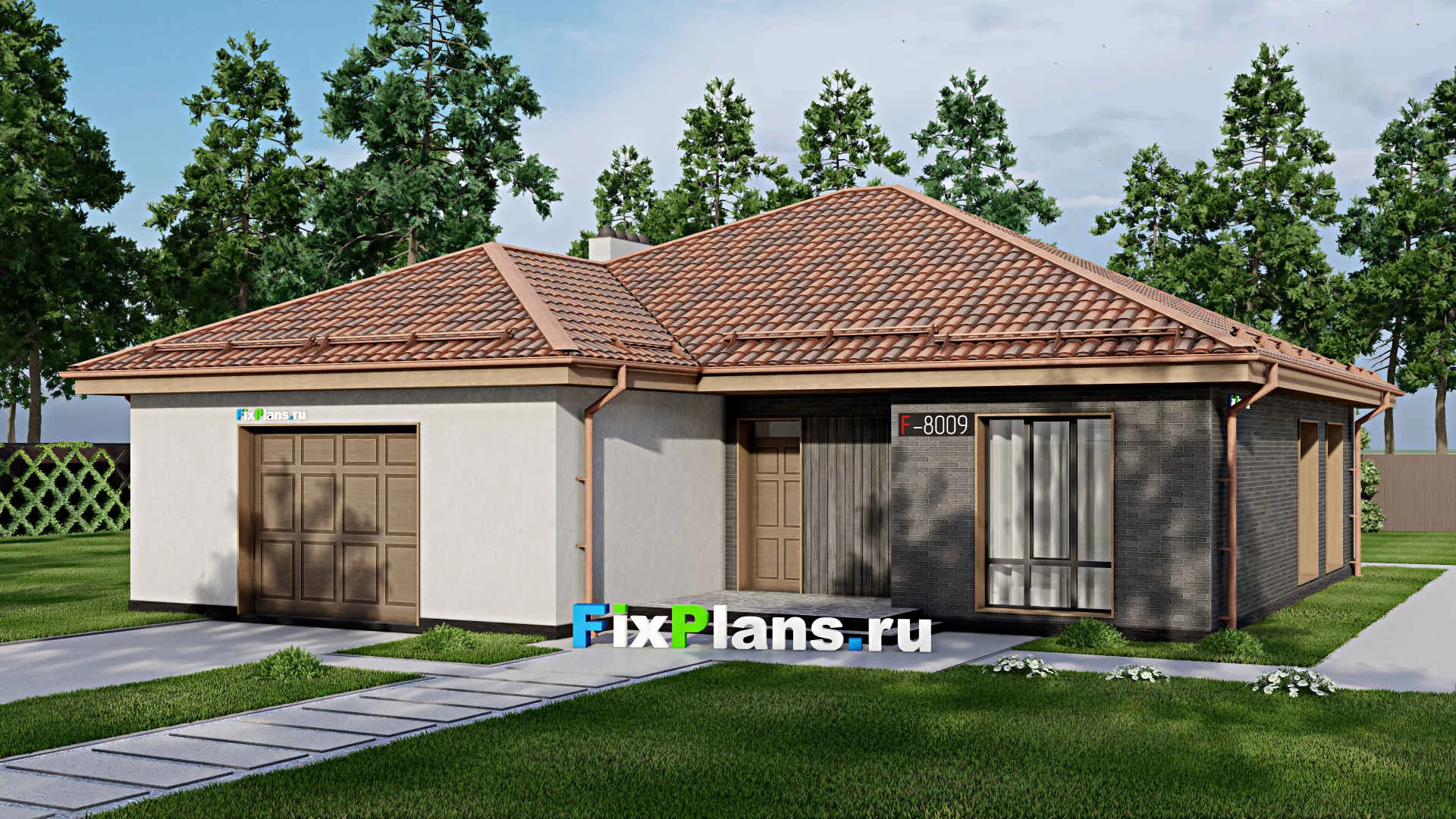 F-8009 - Проект одноэтажного дома 14 на 16, площадью 170 м² с террасой, гаражом на 2 машины и 2 спальнями