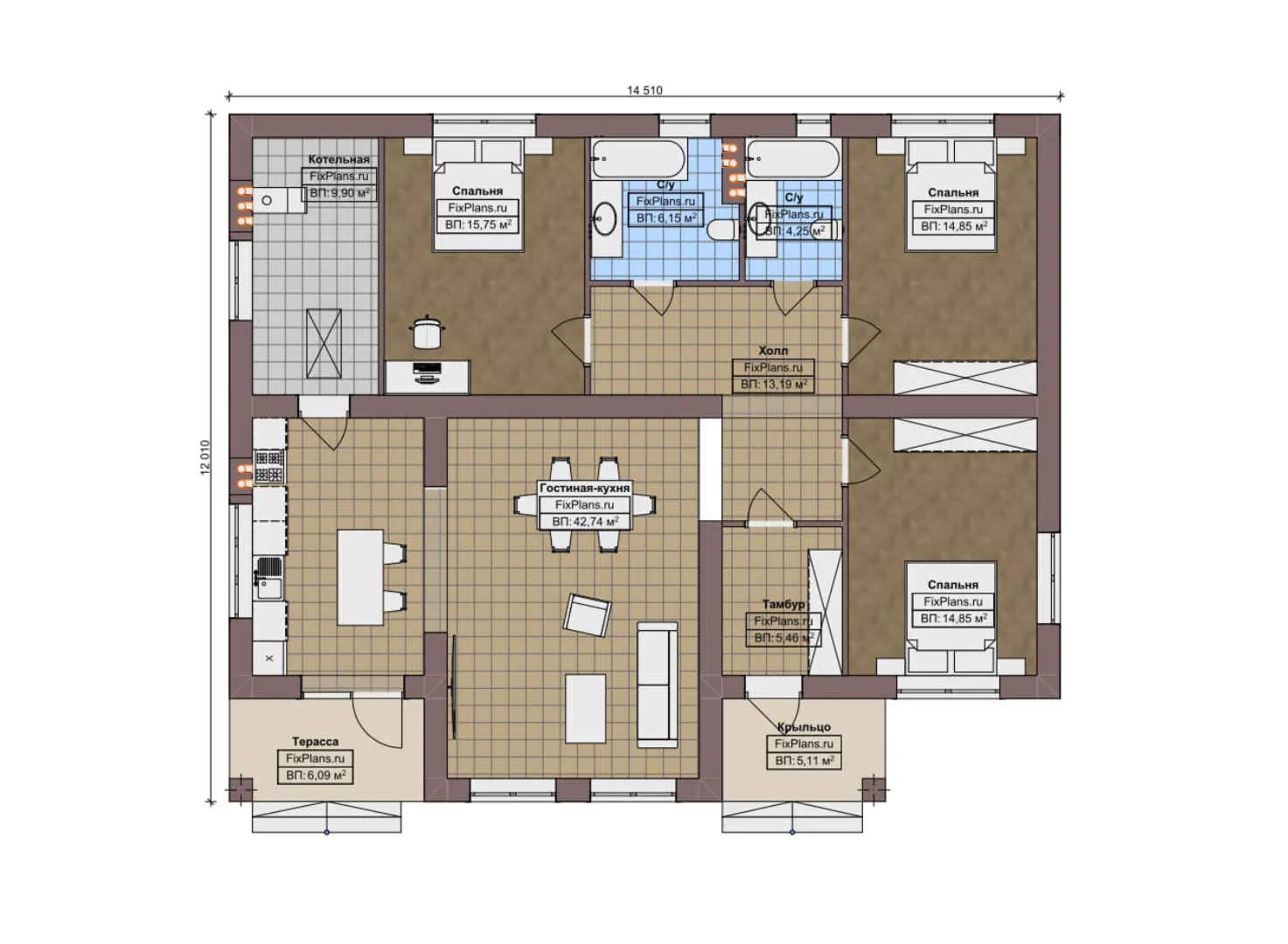 F-10331 - План одноэтажного дома 13 на 15, площадью 140 м² с 3 спальнями