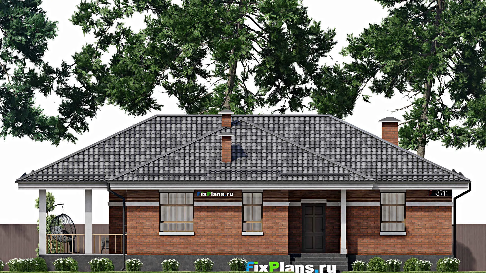 F-8711 - Проект одноэтажного дома 13 на 18, площадью 220 м² с террасой, цокольным этажом и 3 спальнями