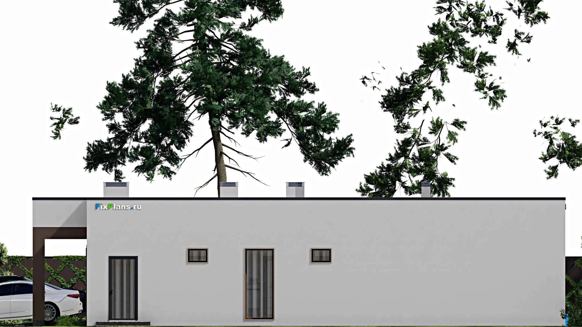 F-8945 - Проект одноэтажного дома 18 на 23, площадью 260 м² с террасой, баней, гаражом на 2 машины, спортзалом и 2 спальнями