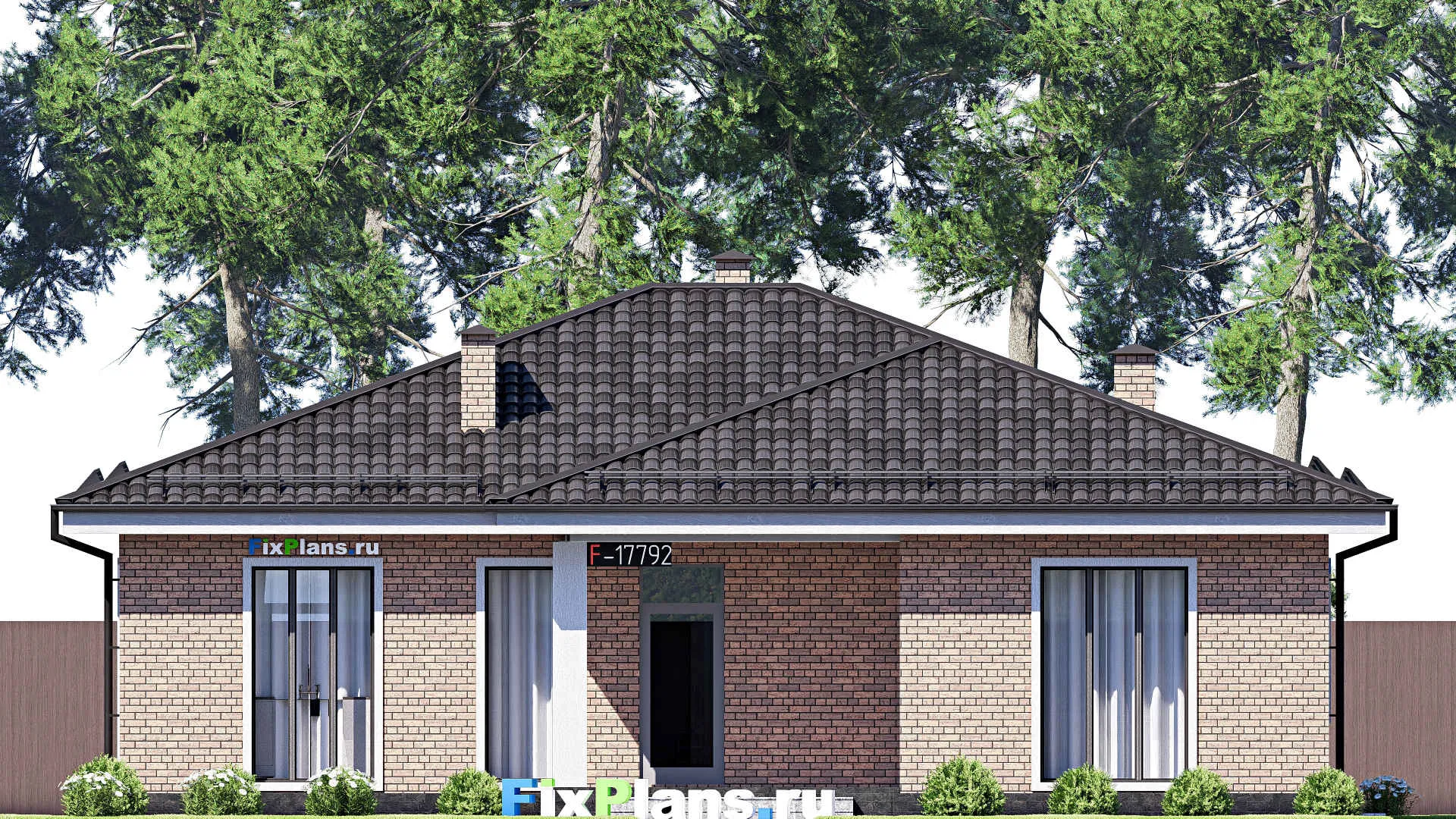 F-17792 - План одноэтажного дома 15 на 15, площадью 160 м² с террасой и 3 спальнями