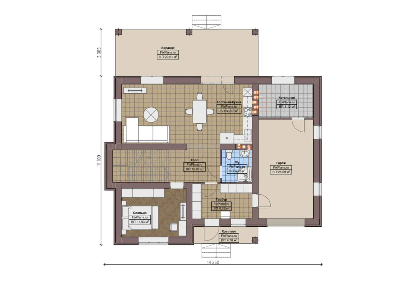 F-0278 - Планы двухэтажного дома 12 на 15, площадью 220 м² с террасой, гаражом на 1 машину и 3 спальнями