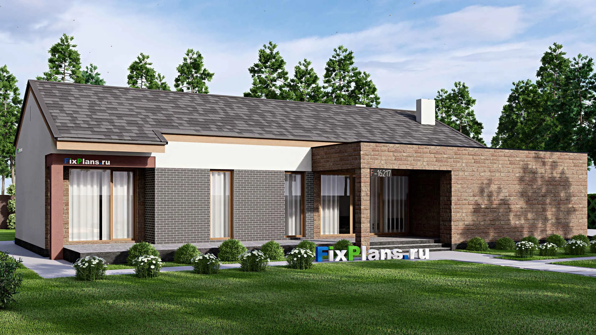 F-16217 - Проект одноэтажного дома 13 на 23, площадью 240 м² с террасой, гаражом на 2 машины и 4 спальнями