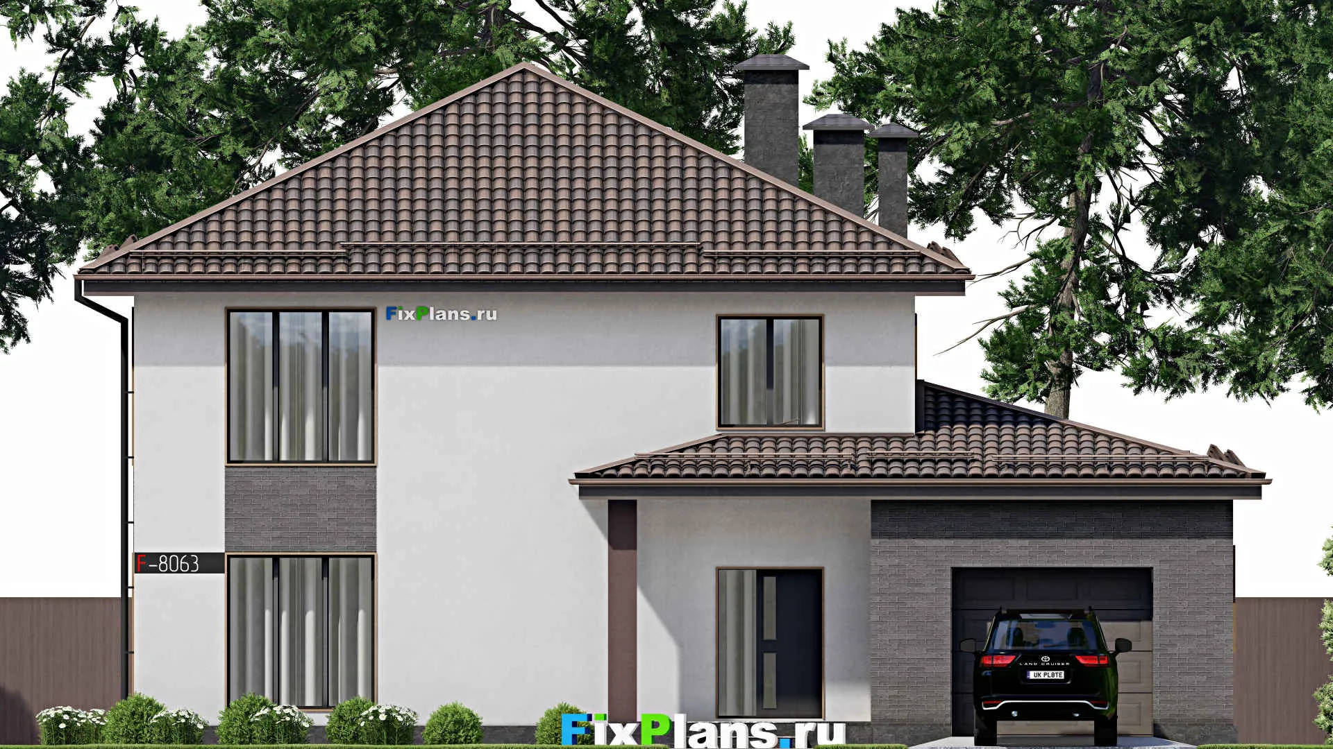 F-8063 - Проект двухэтажного дома 13 на 16, площадью 250 м² с террасой, гаражом на 1 машину и 4 спальнями