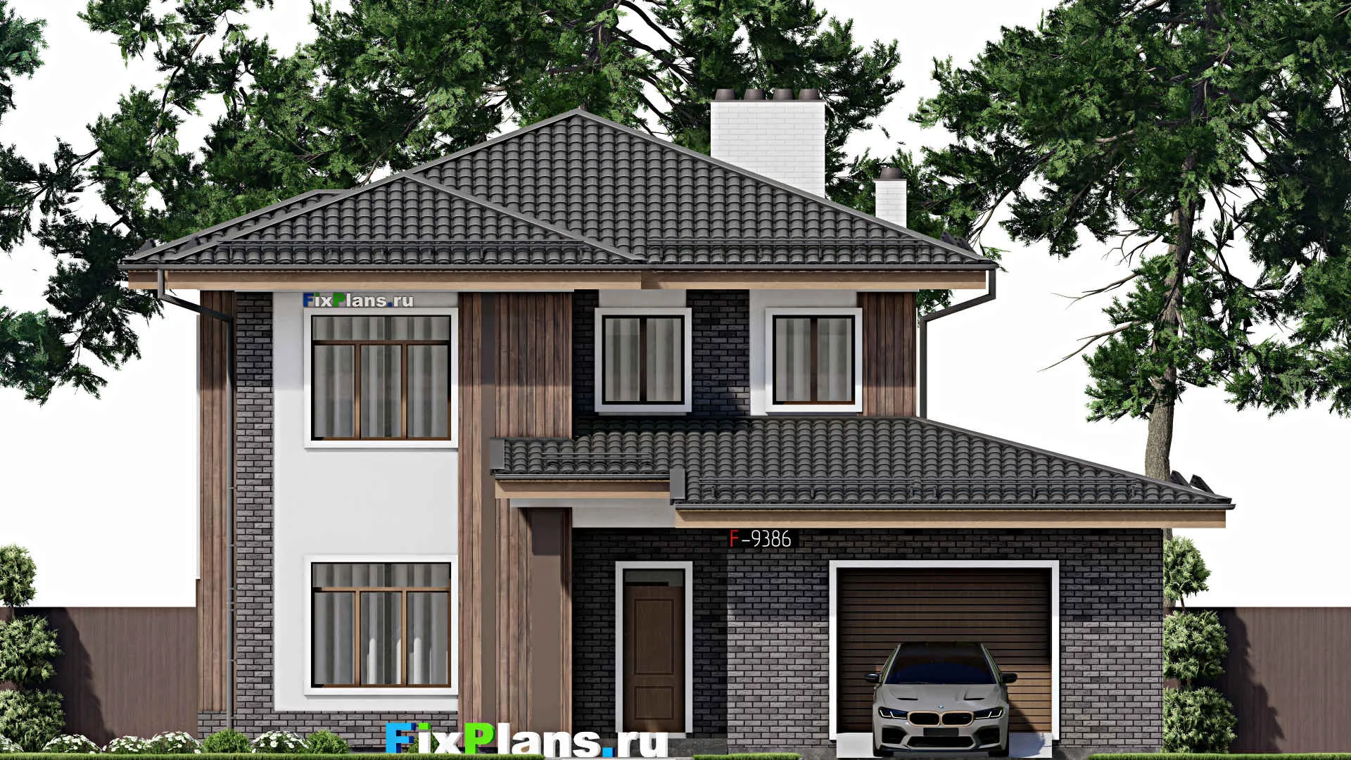 F-9386 - Проект двухэтажного дома 13 на 19, площадью 240 м² с террасой, гаражом на 1 машину и 4 спальнями