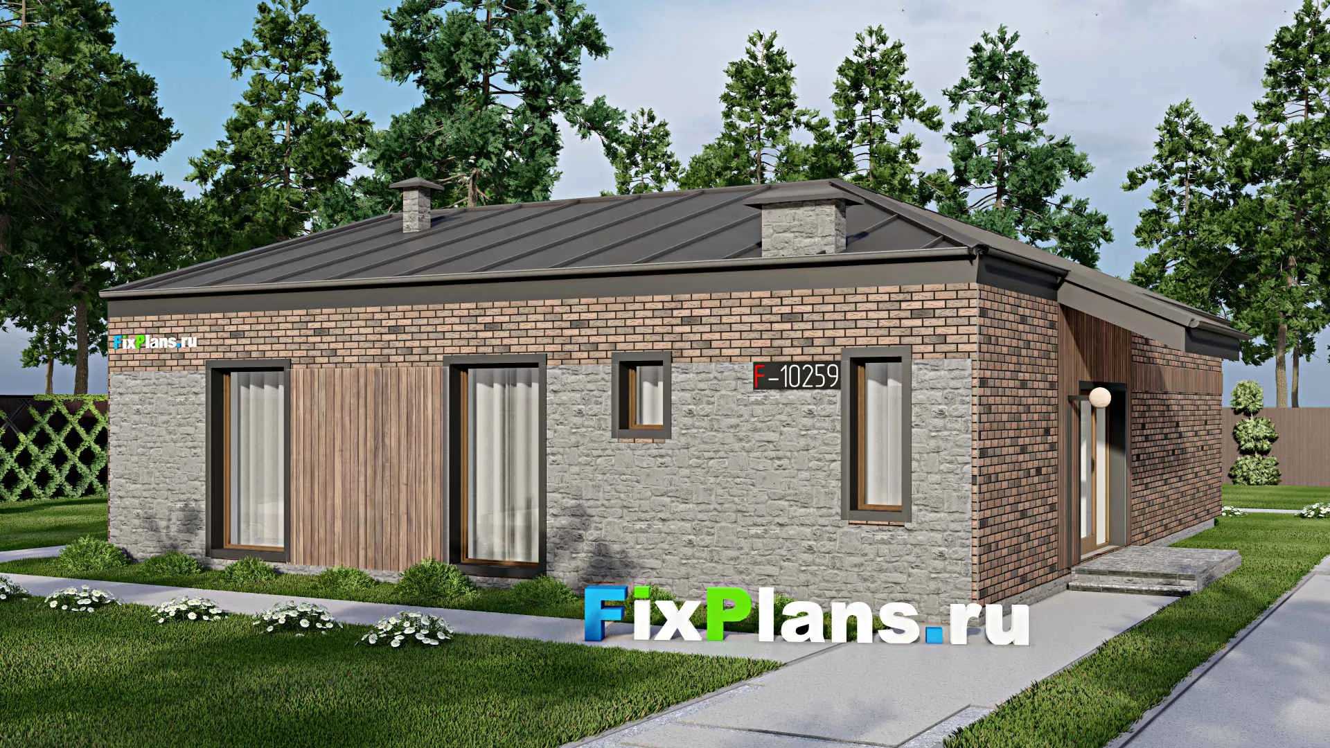 F-10259 - Проект одноэтажного дома 14 на 15, площадью 150 м² с террасой и 3 спальнями
