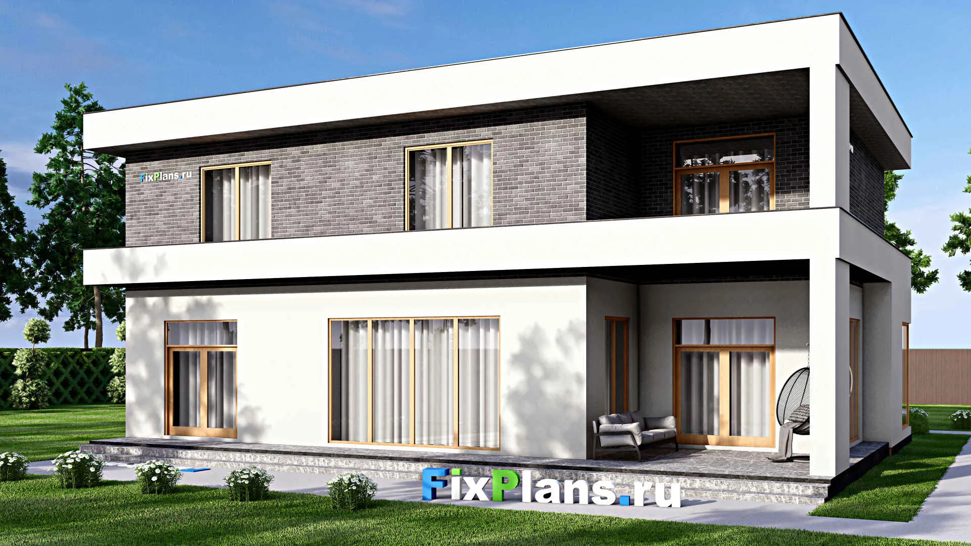 F-15866 - Проект двухэтажного дома 16 на 17, площадью 410 м² с террасой, балконом, гаражом на 2 машины и 4 спальнями