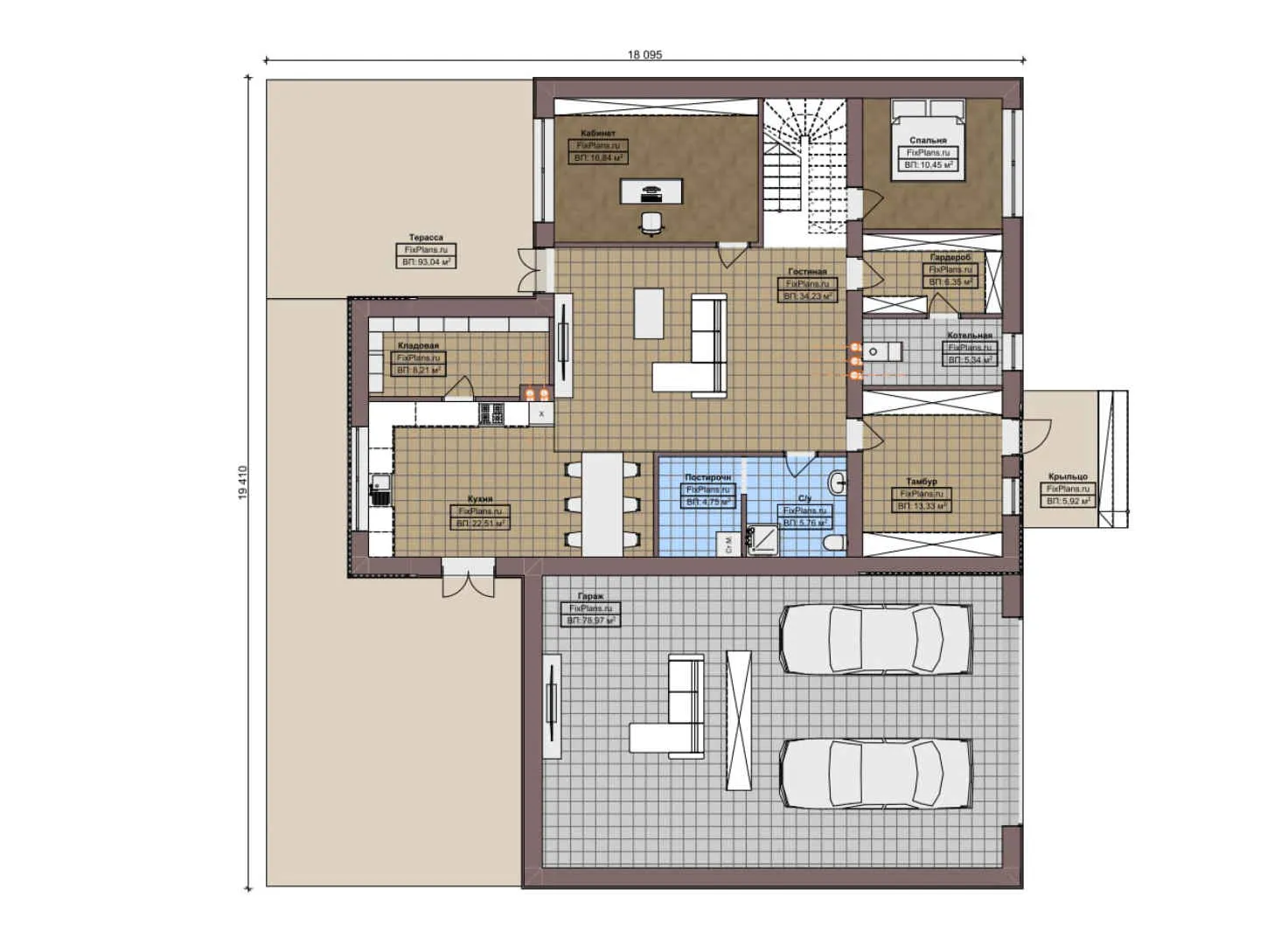 F-6245 - Планы двухэтажного дома 19 на 20, площадью 450 м² с террасой, балконом, гаражом на 2 машины и 5 спальнями