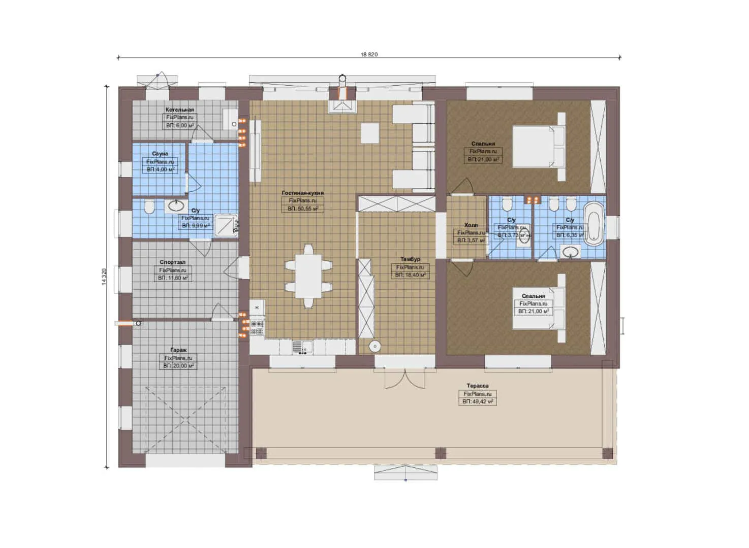 F-12779 - План одноэтажного дома 15 на 19, площадью 230 м² с террасой, баней, гаражом на 1 машину, спортзалом и 2 спальнями