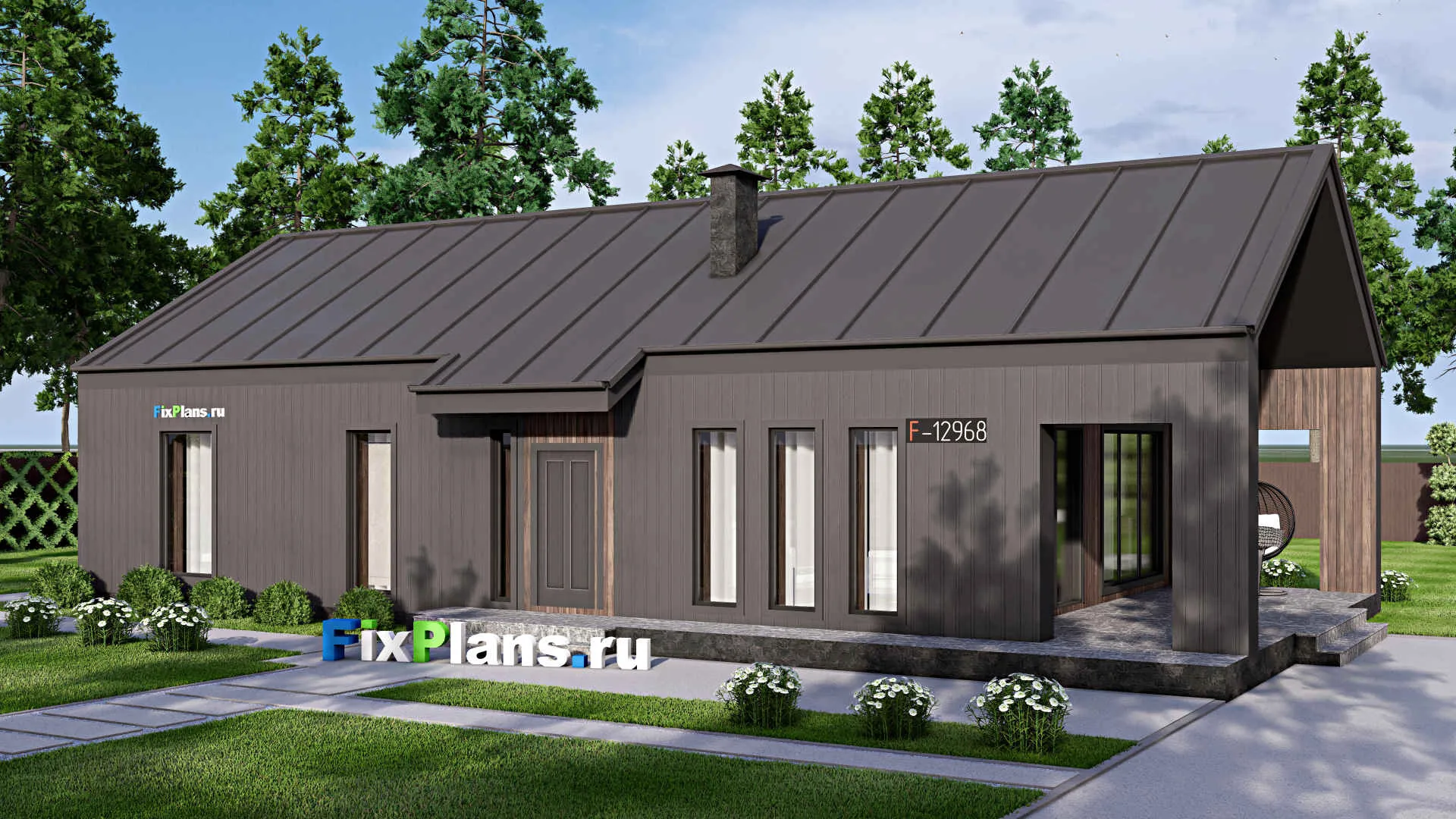 F-12968 - Проект одноэтажного дома 10 на 19, площадью 150 м² с террасой и 2 спальнями