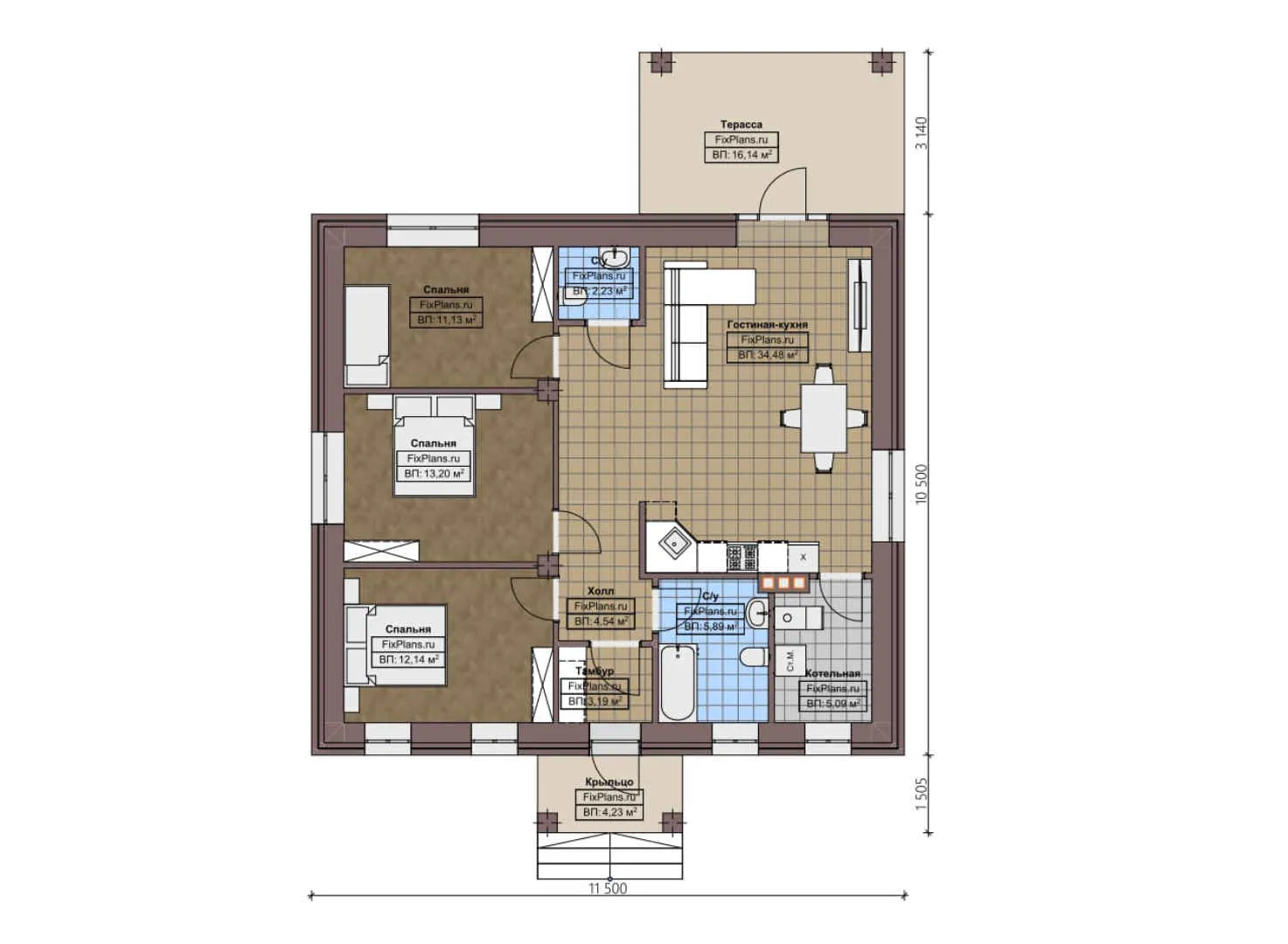 F-3428 - План одноэтажного дома 11 на 12, площадью 120 м² с террасой и 3 спальнями