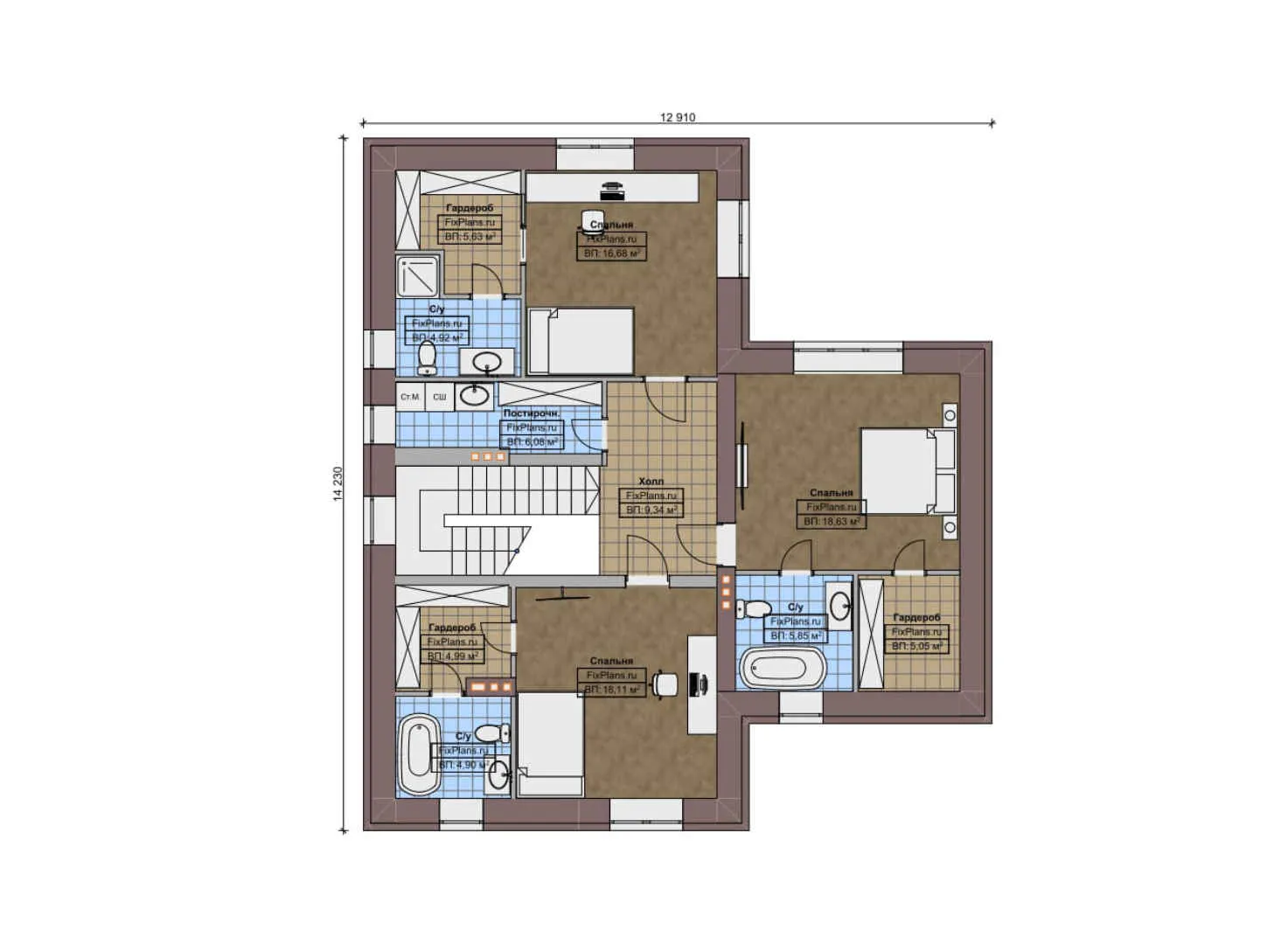 F-10826 - Планы двухэтажного дома 15 на 24, площадью 300 м² с террасой, баней и 3 спальнями