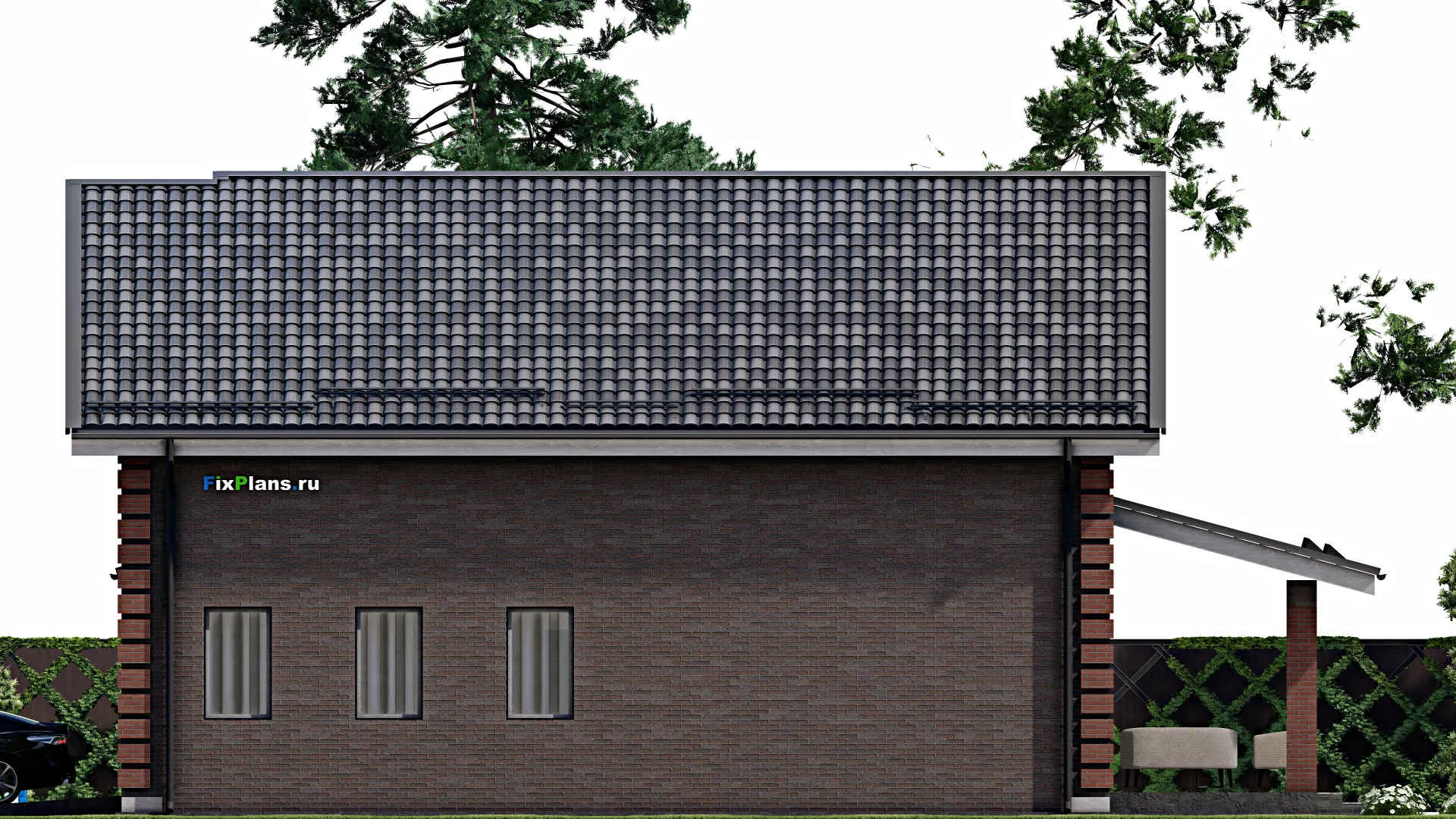 F-6497 - Проект дома с мансардой 14 на 14, площадью 250 м² с террасой, гаражом на 1 машину и 3 спальнями