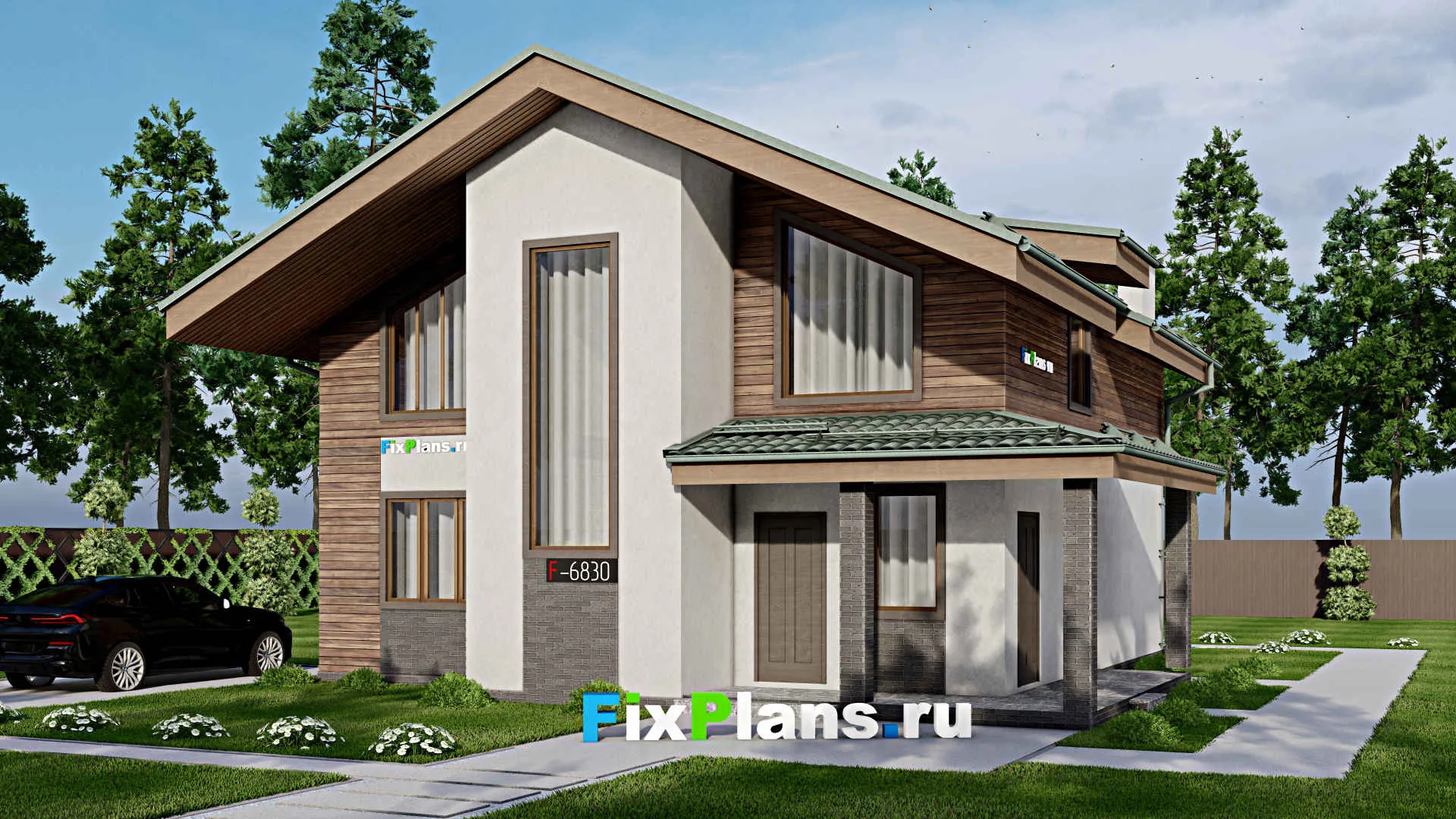 F-6830 - Проект дома с мансардой 12 на 12, площадью 180 м² с террасой и 4 спальнями