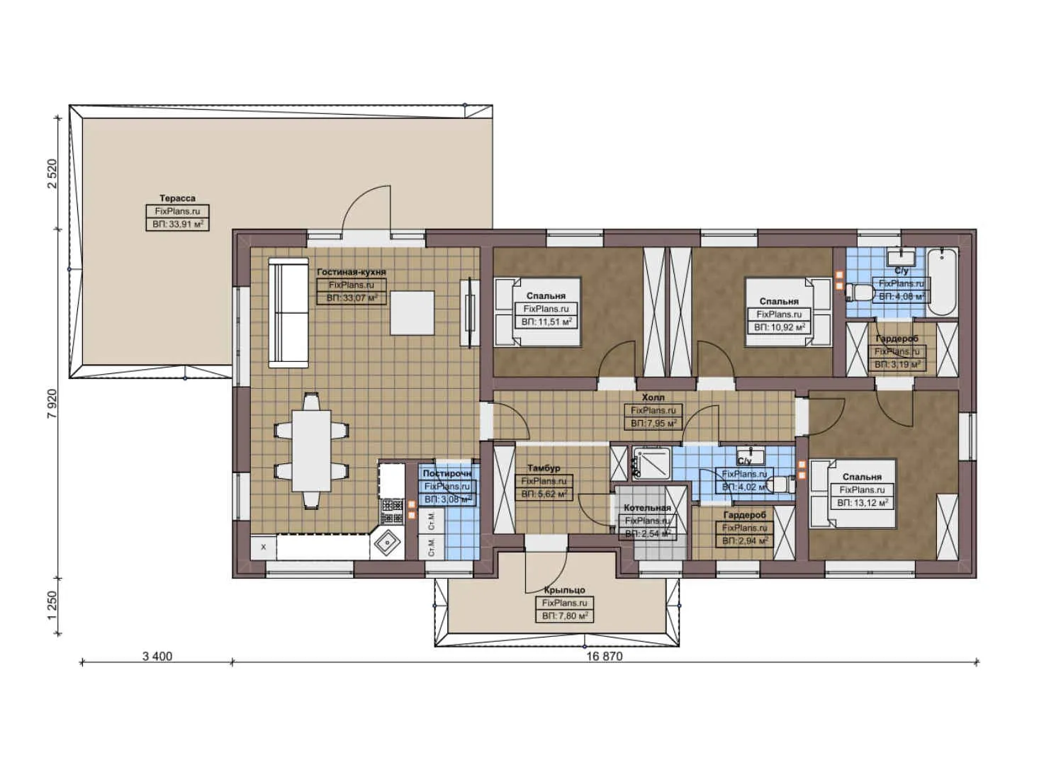 F-4490 - План одноэтажного дома 8 на 17, площадью 150 м² с террасой и 3 спальнями