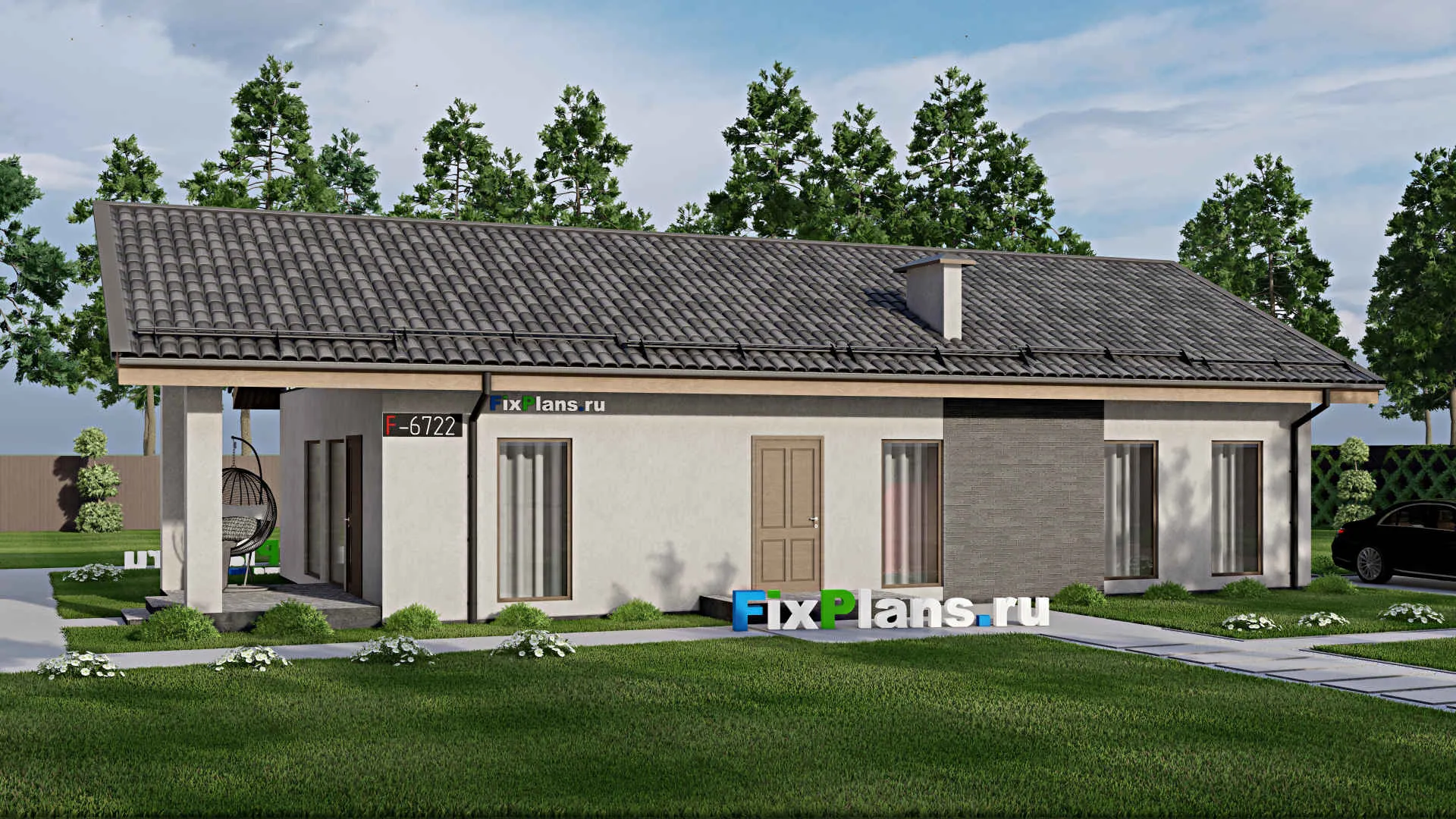 F-6722 - Проект одноэтажного дома 9 на 17, площадью 120 м² с террасой и 3 спальнями