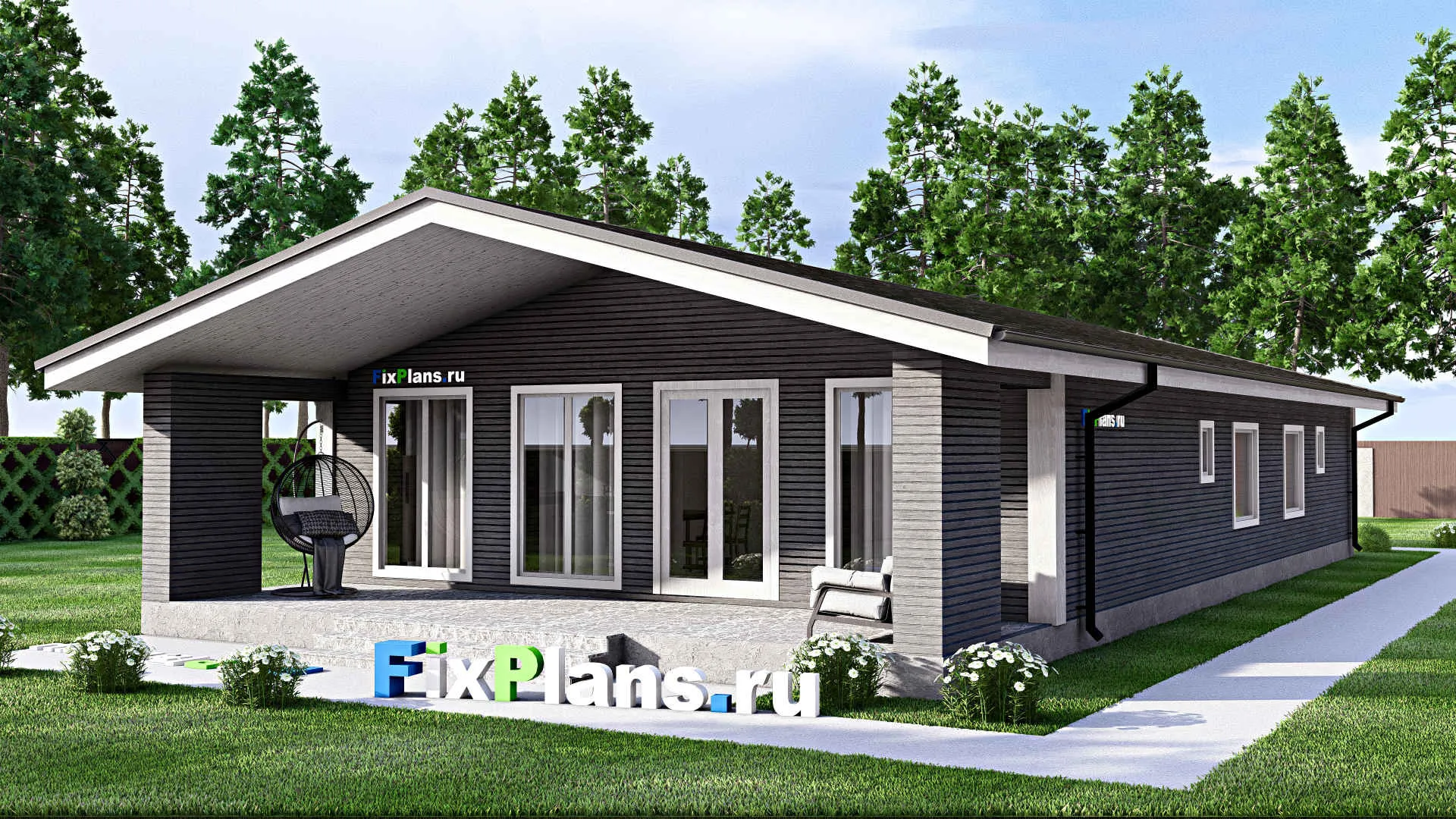 F-13112 - Проект одноэтажного дома 11 на 23, площадью 190 м² с террасой, баней и 3 спальнями