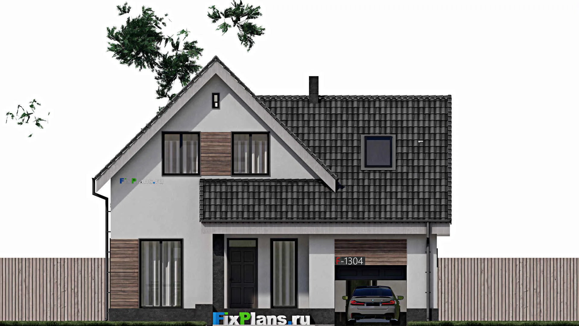 F-1304 - Проект дома с мансардой 12 на 13, площадью 200 м² с террасой, гаражом на 1 машину и 4 спальнями