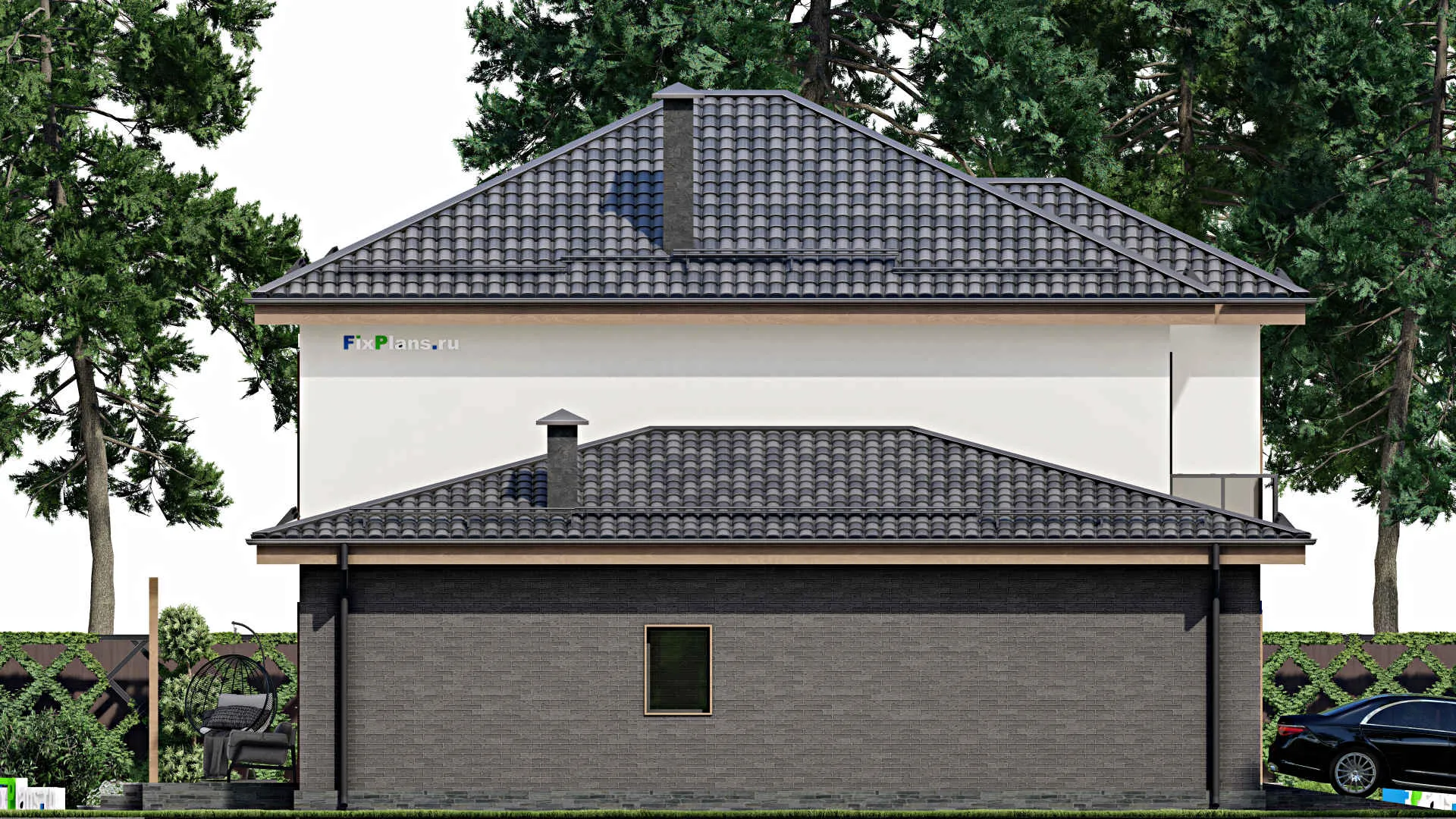 F-5813 - Проект двухэтажного дома 13 на 15, площадью 270 м² с террасой, балконом, гаражом на 2 машины и 5 спальнями