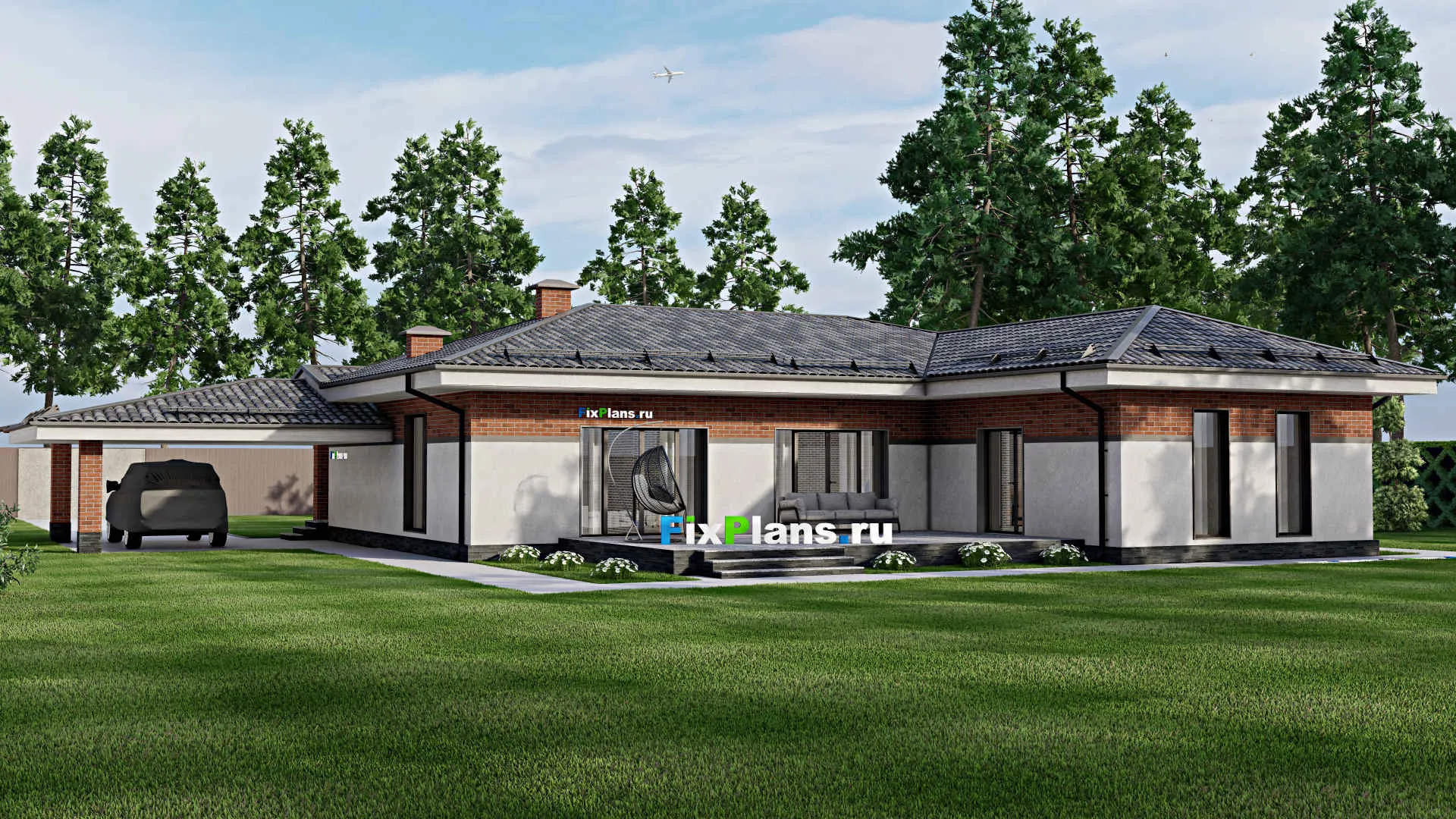 F-6542 - План одноэтажного дома 17 на 17, площадью 270 м² с террасой и 3 спальнями