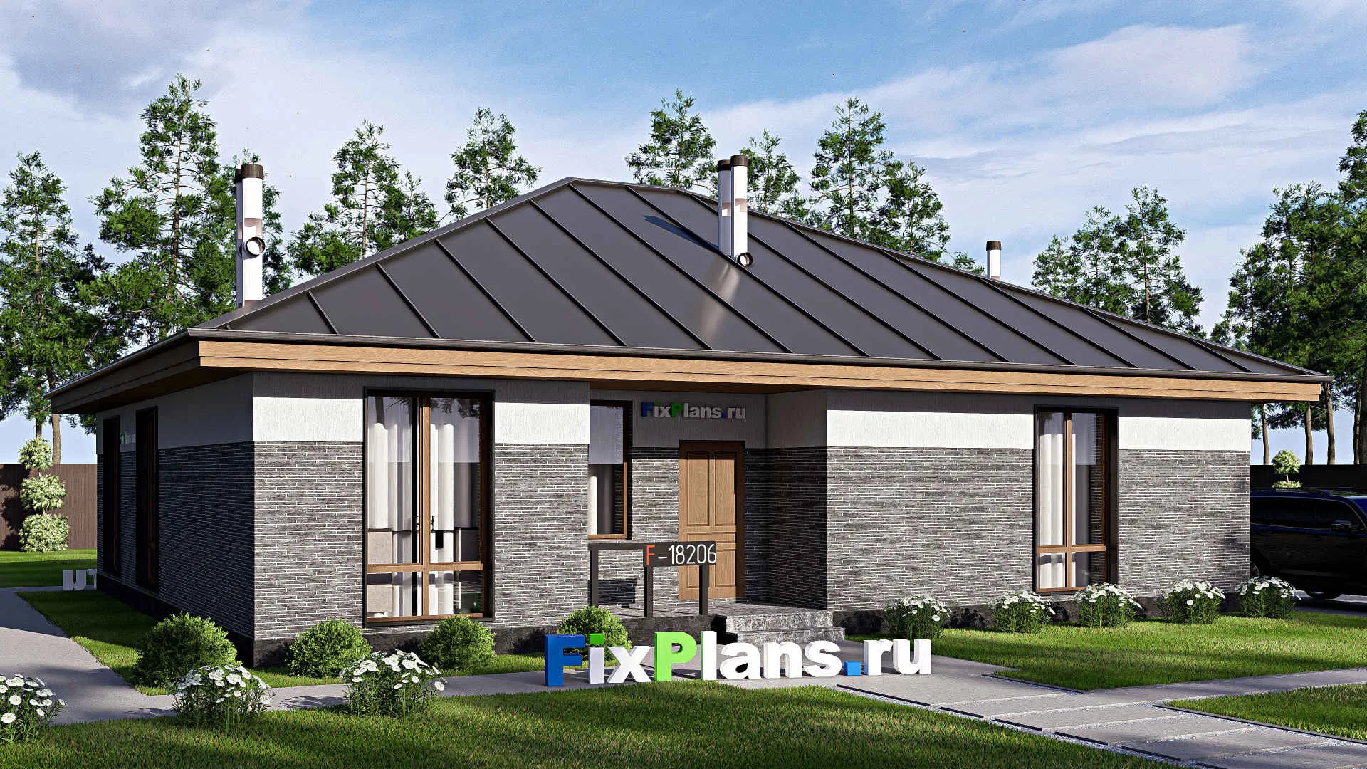 F-18206 - Проект одноэтажного дома 13 на 15, площадью 140 м² с террасой, баней и 3 спальнями