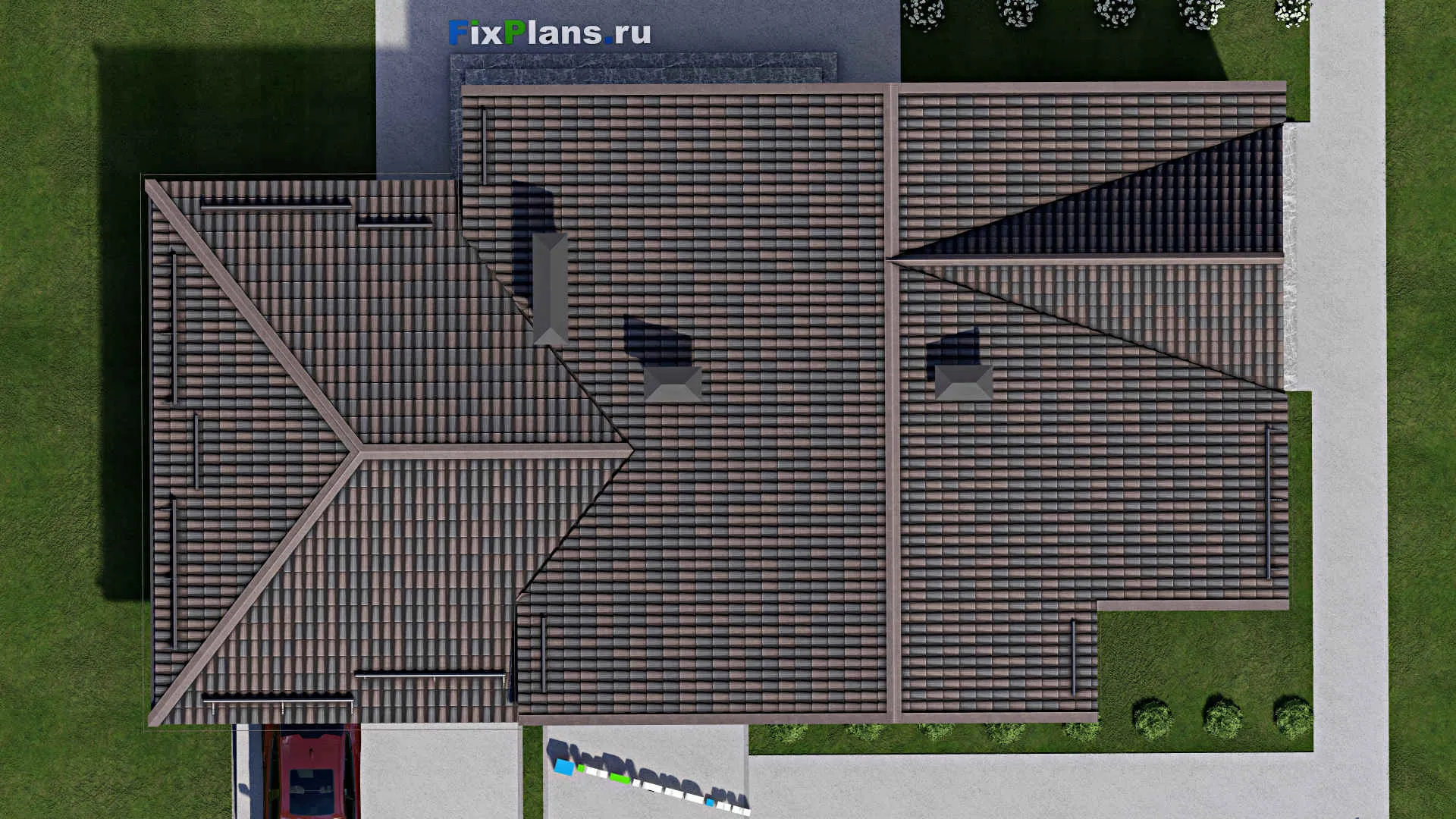 F-6659 - План одноэтажного дома 12 на 22, площадью 190 м² с террасой, гаражом на 2 машины и 3 спальнями