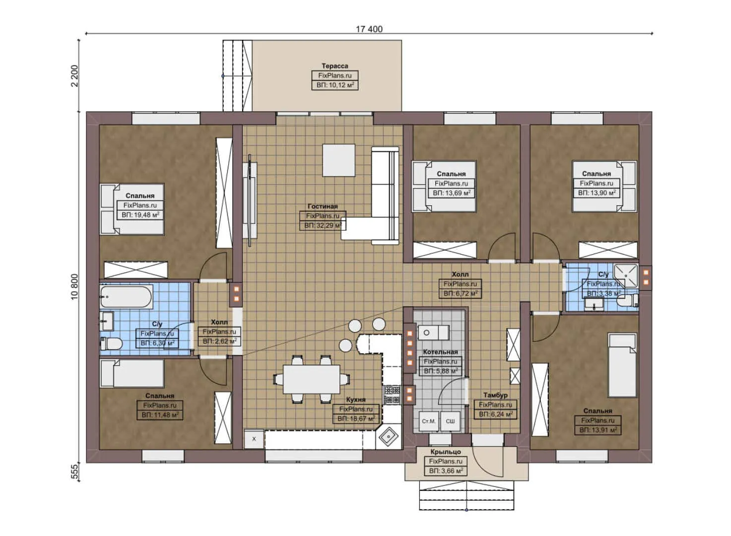 F-5642 - План одноэтажного дома 11 на 18, площадью 170 м² с террасой и 5 спальнями