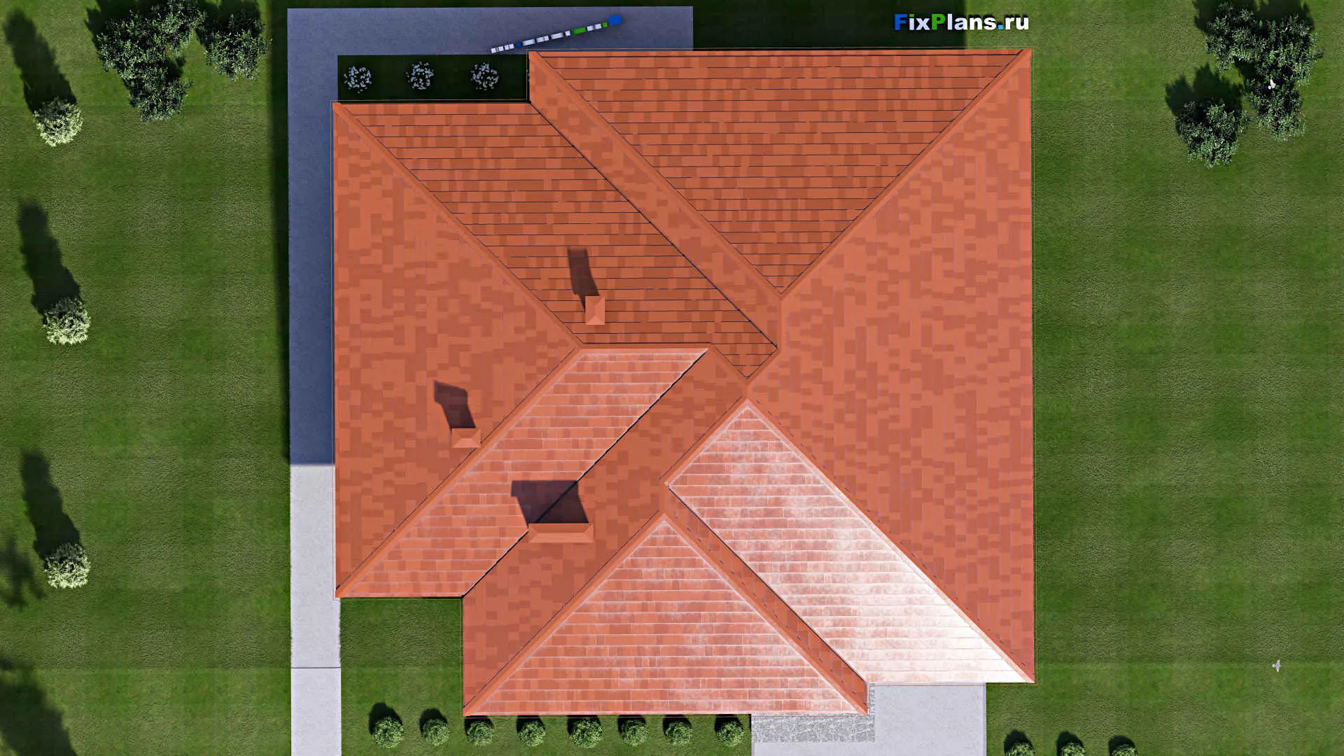 F-13247 - Проект одноэтажного дома 18 на 19, площадью 380 м² с террасой, цокольным этажом, спортзалом и 4 спальнями