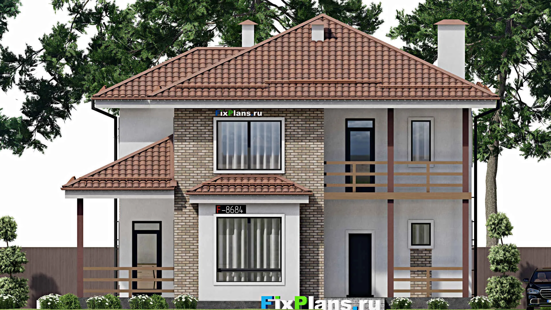 F-8684 - Проект двухэтажного дома 12 на 14, площадью 220 м² с террасой, балконом и 4 спальнями