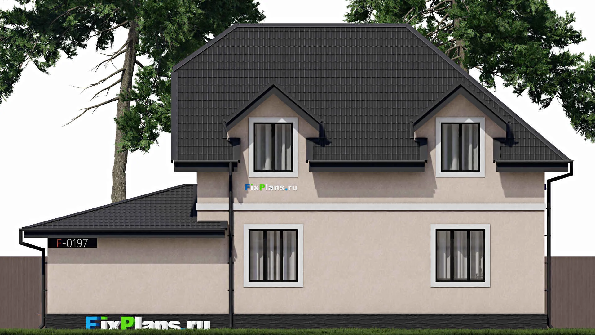 F-0197 - Проект дома с мансардой 11 на 15, площадью 160 м² с балконом, гаражом на 1 машину и 4 спальнями