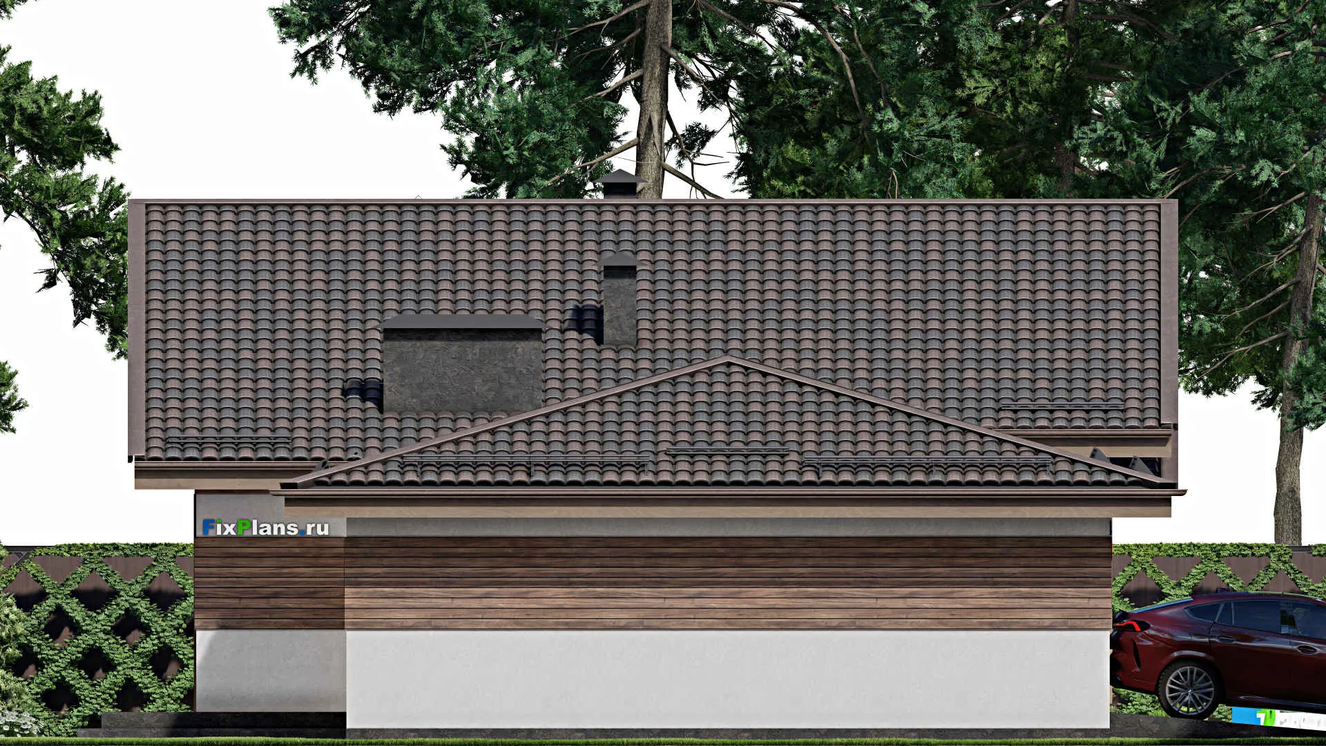 F-6659 - План одноэтажного дома 12 на 22, площадью 190 м² с террасой, гаражом на 2 машины и 3 спальнями