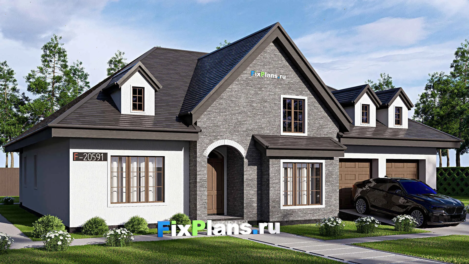 F-20591 - Проект дома с мансардой 18 на 20, площадью 410 м² с террасой, гаражом на 2 машины и 4 спальнями