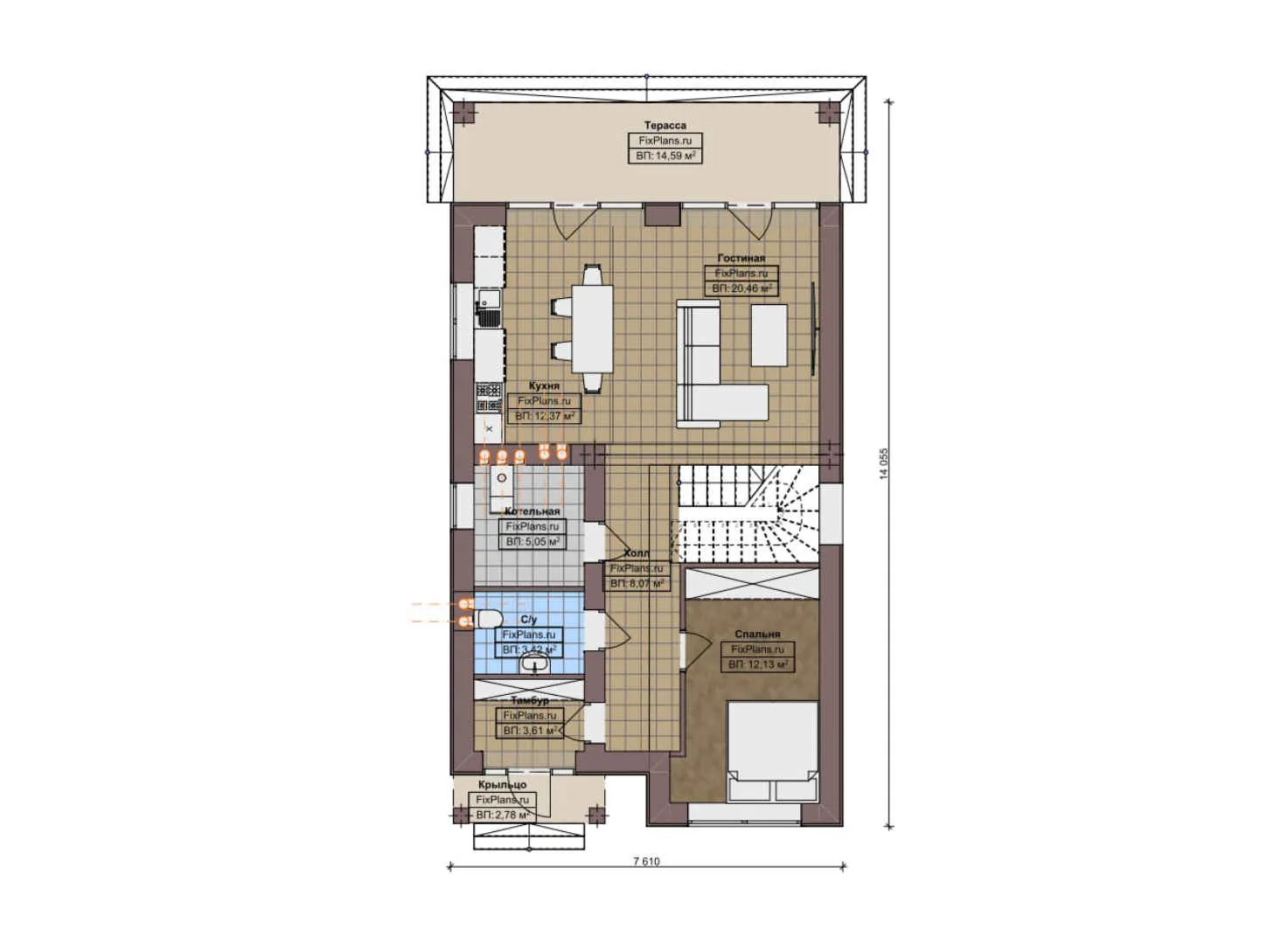 F-11501 - Планы двухэтажного дома 8 на 15, площадью 150 м² с террасой и 4 спальнями
