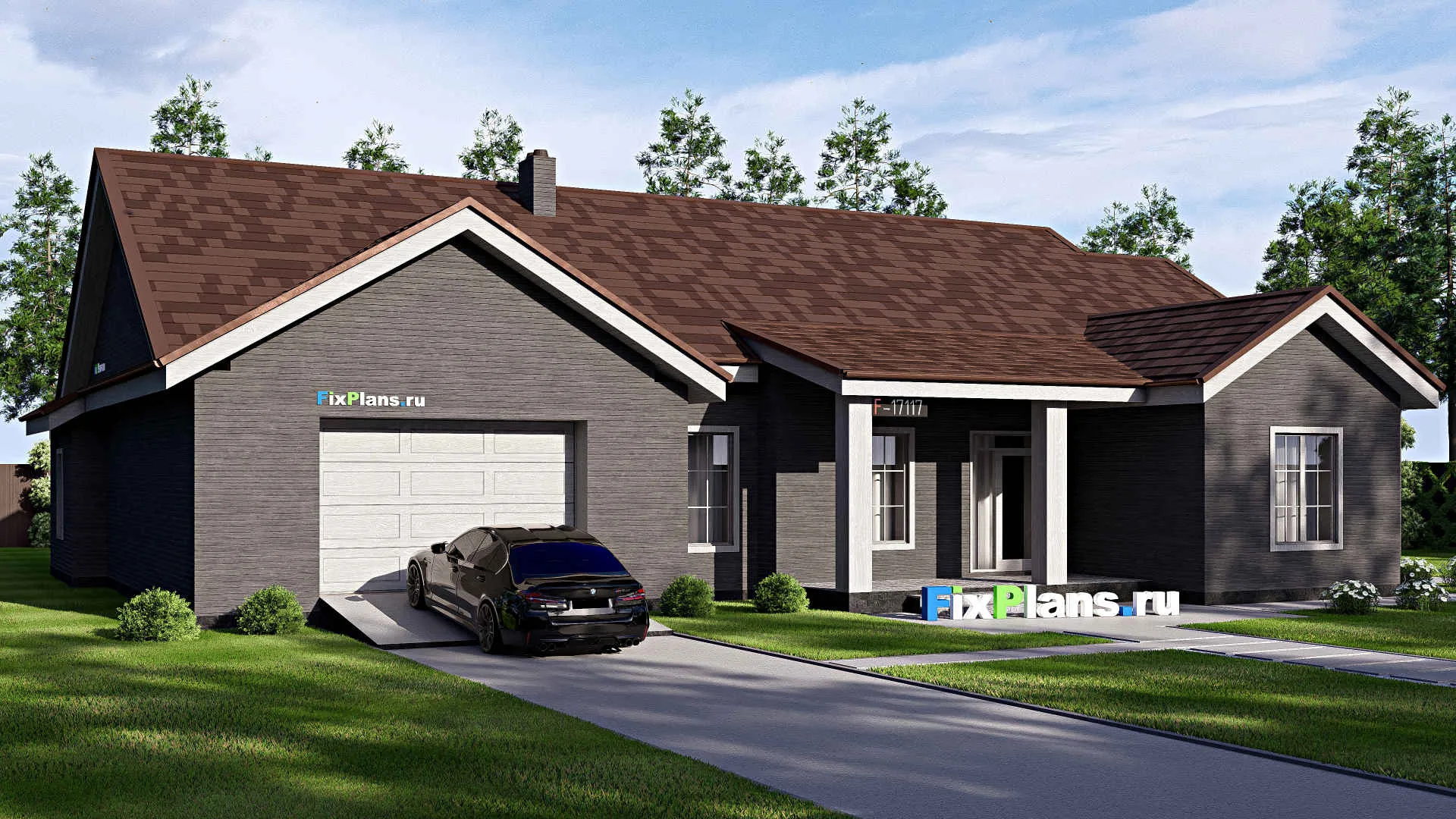 F-17117 - Проект одноэтажного дома 18 на 23, площадью 270 м² с террасой, гаражом на 2 машины и 4 спальнями