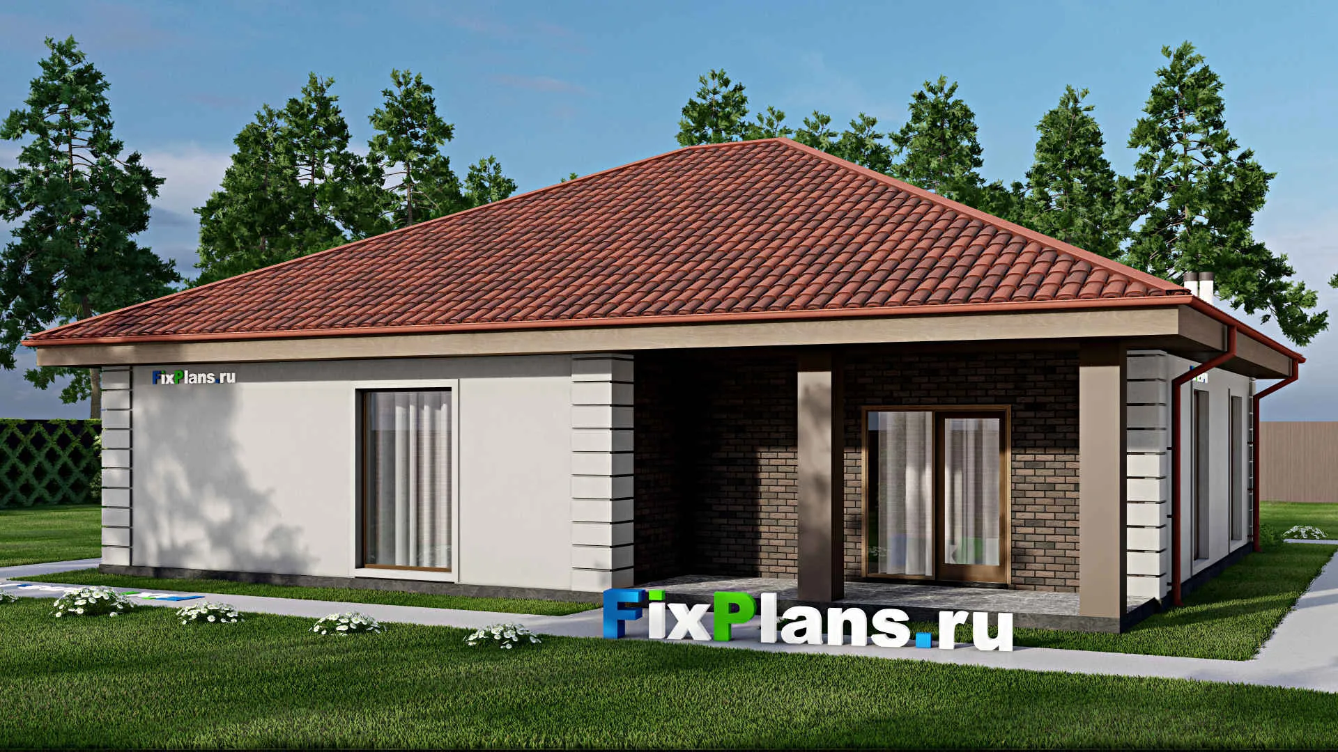 F-9746 - Проект одноэтажного дома 14 на 15, площадью 150 м² с террасой и 3 спальнями